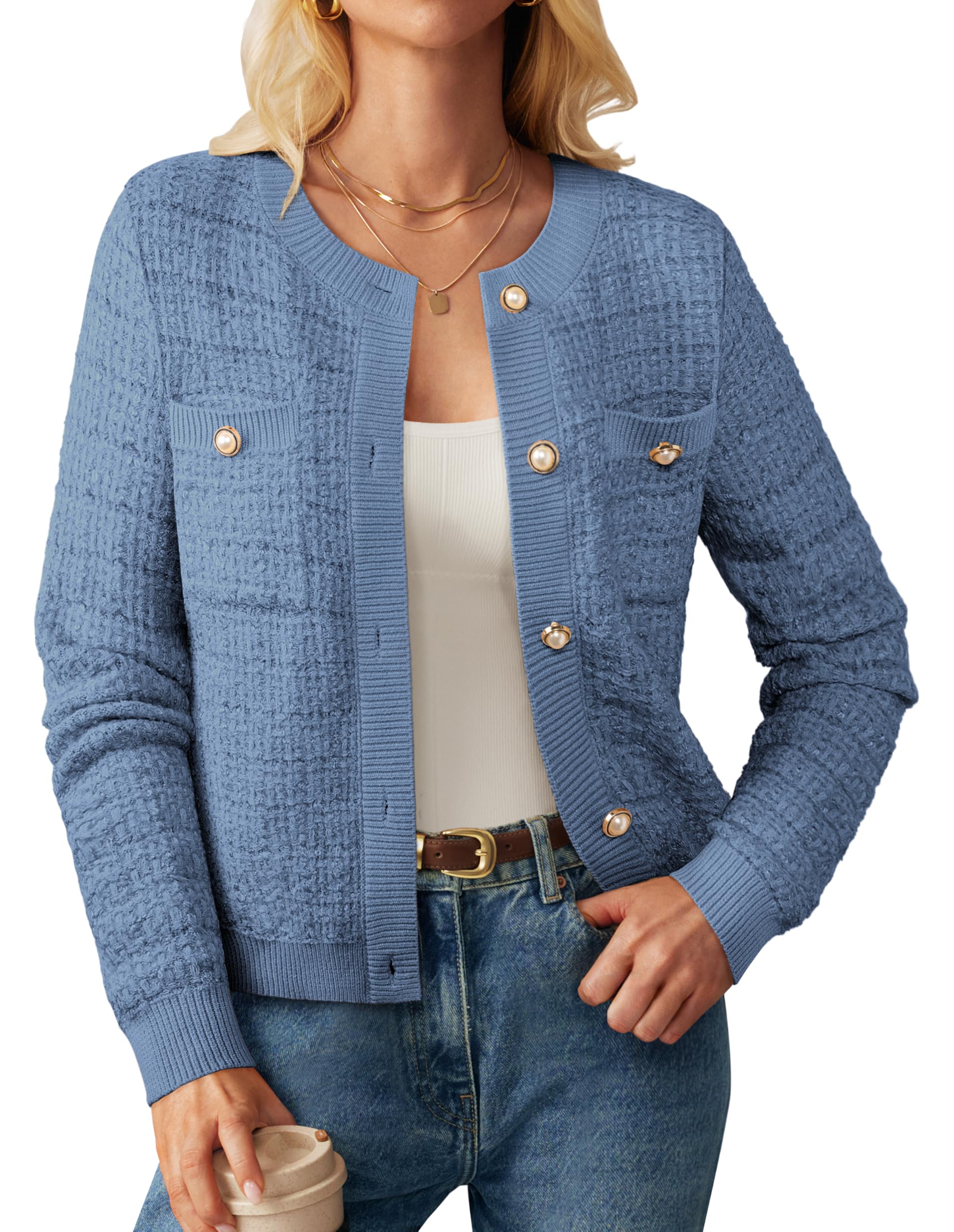 Womens Open Front Button Down Texture Knit Cardigan Sweaters with Pockets