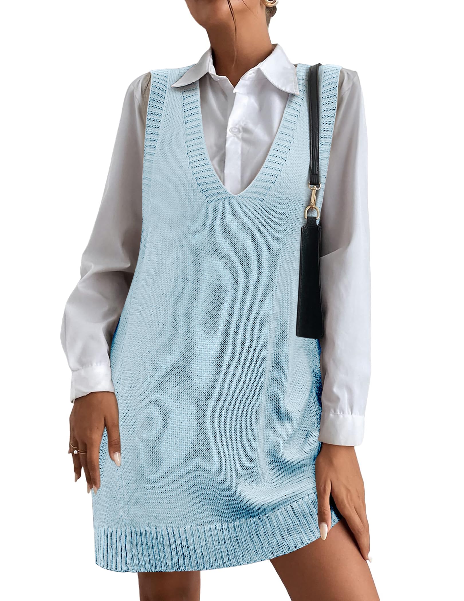 Women Oversized V Neck Sleeveless Knit Pullover Ribbed Vest Dress with Pockets