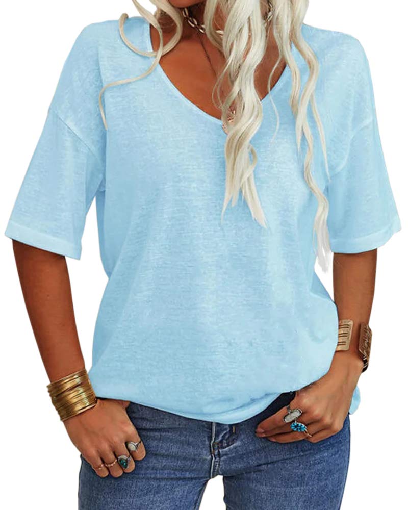 Women's Solid V-Neck Half Sleeves Oversized T Shirt