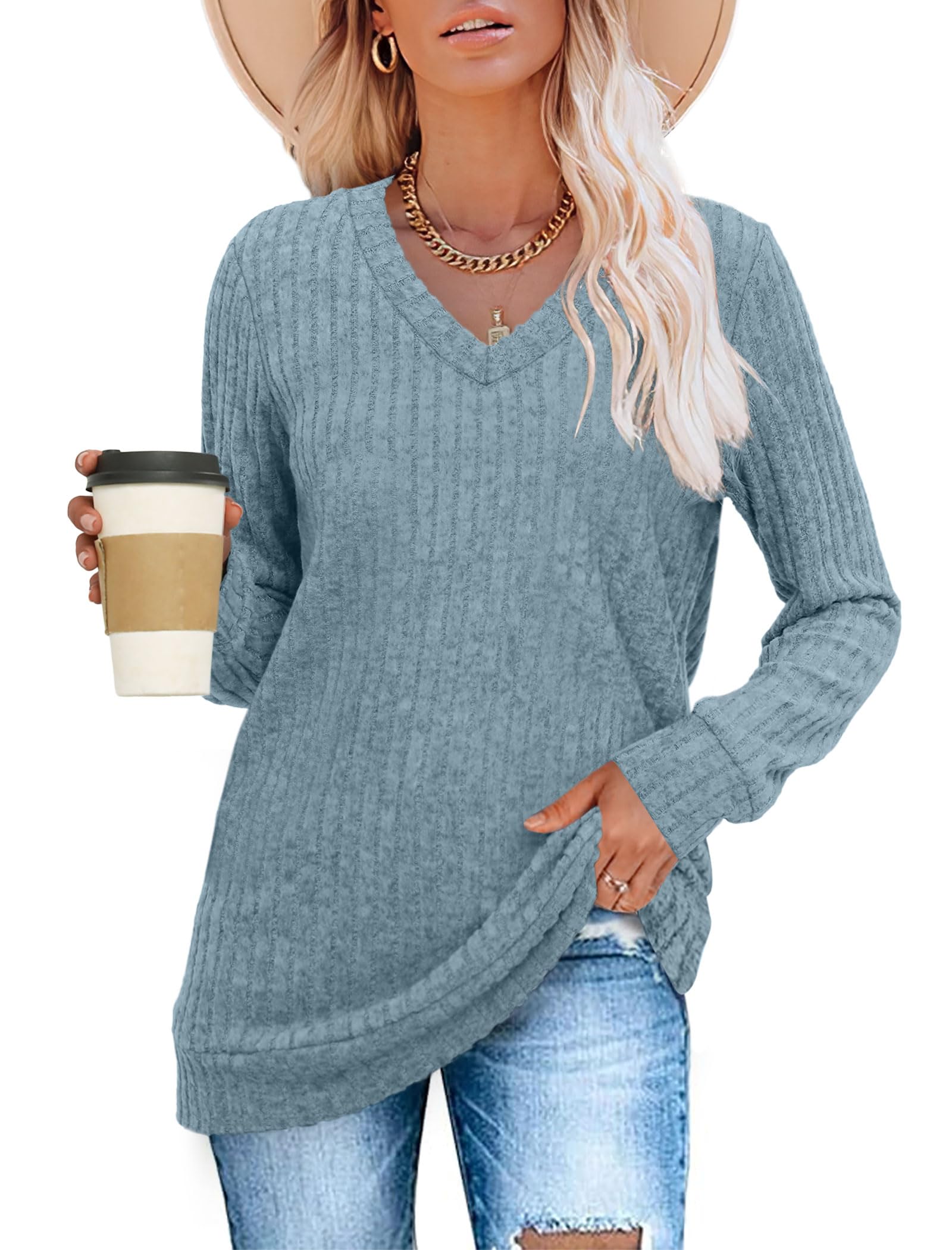 Women's Casual Fall V Neck Lightweight Tunic Sweaters 