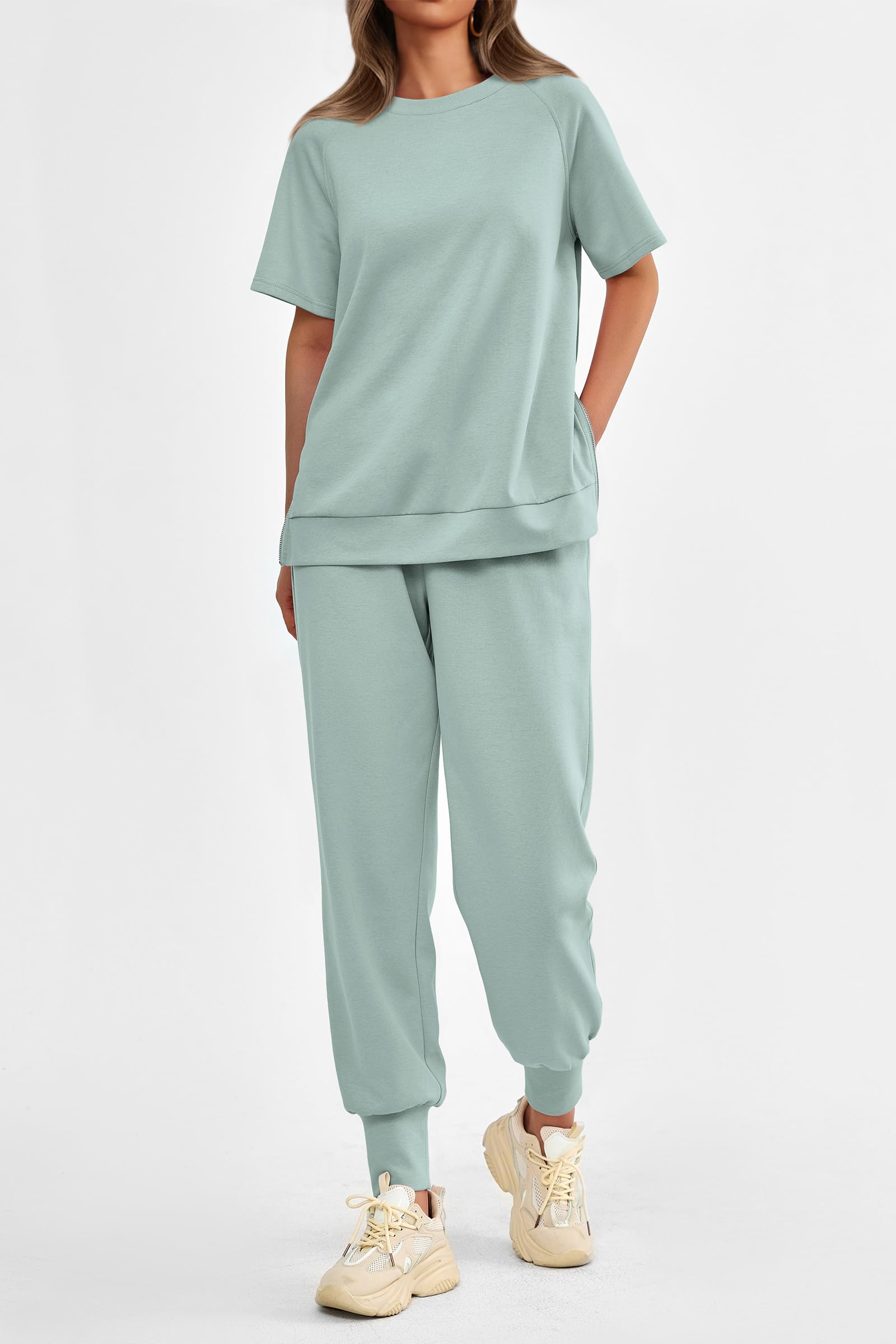 Women's Casual Short Sleeve Tops High Waisted Sweatpants Set