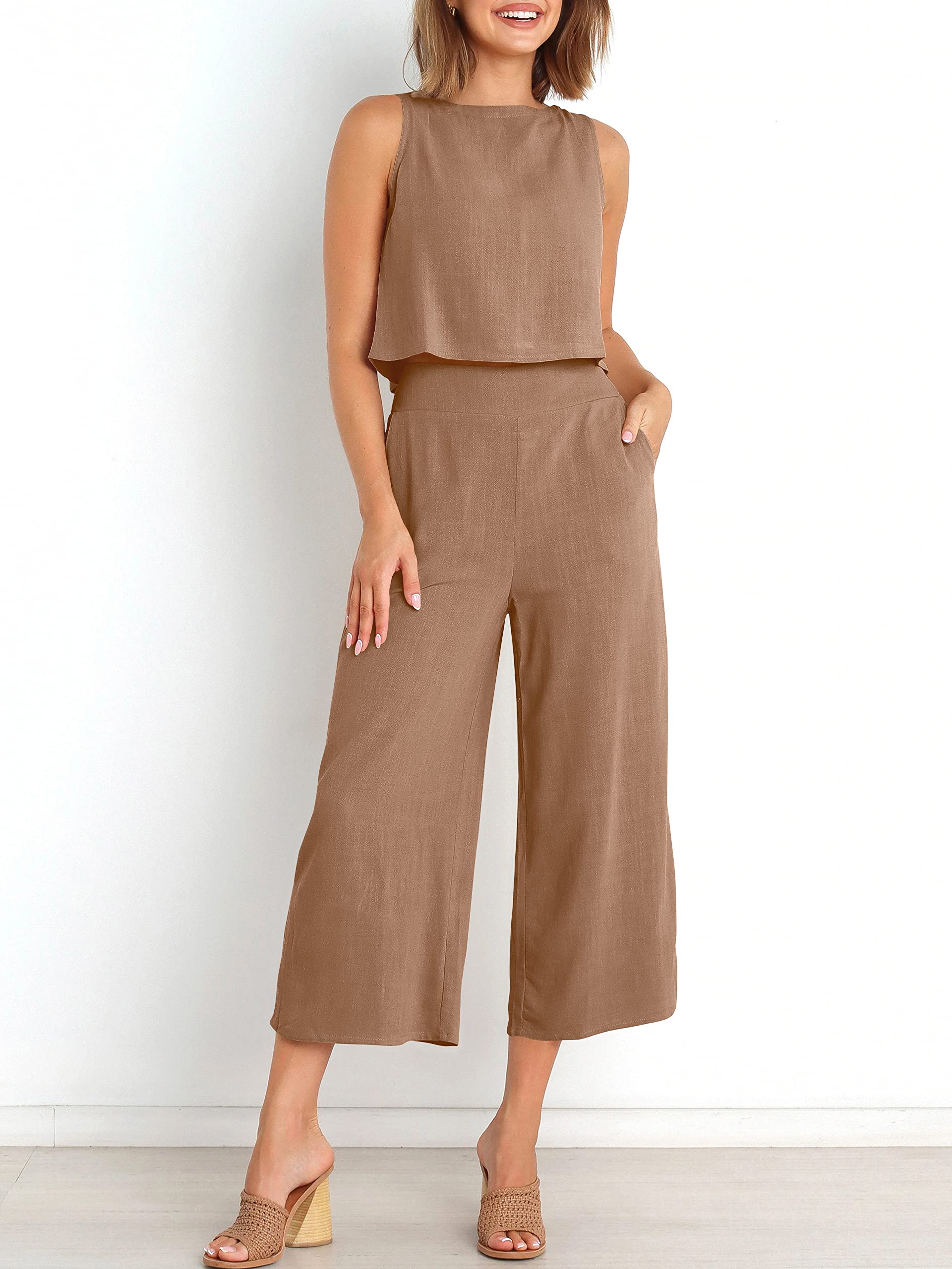 Sleeveless Tank Wide Leg Pants With Pockets-hivebabe.com