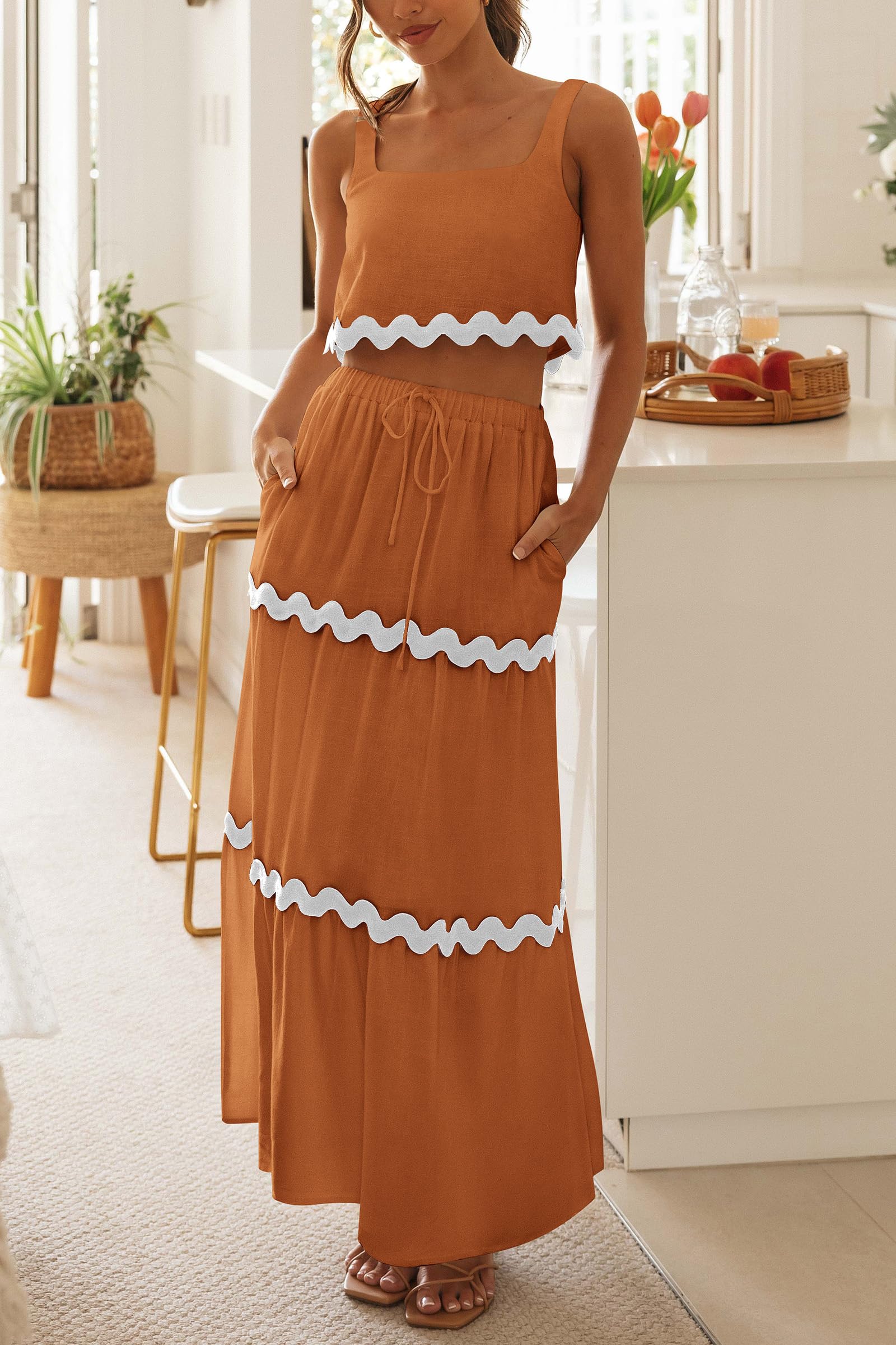 Women's Casual Sleeveless Cropped Tank Top High Waisted Maxi Skirt Set