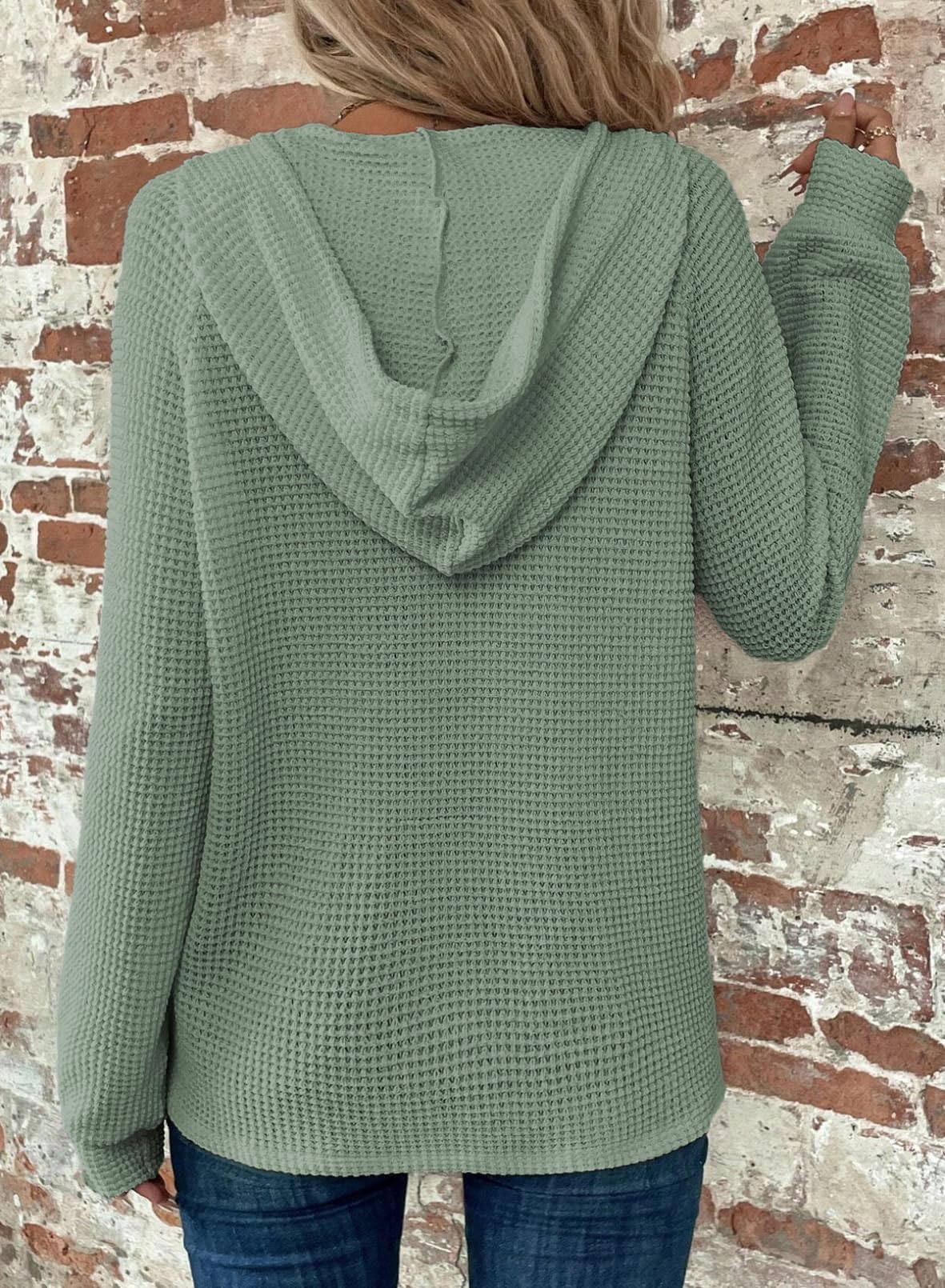 2024 New Women's Waffle Knit Drawstring Button V Neck Hooded Sweatshirt(buy 2 free shipping)