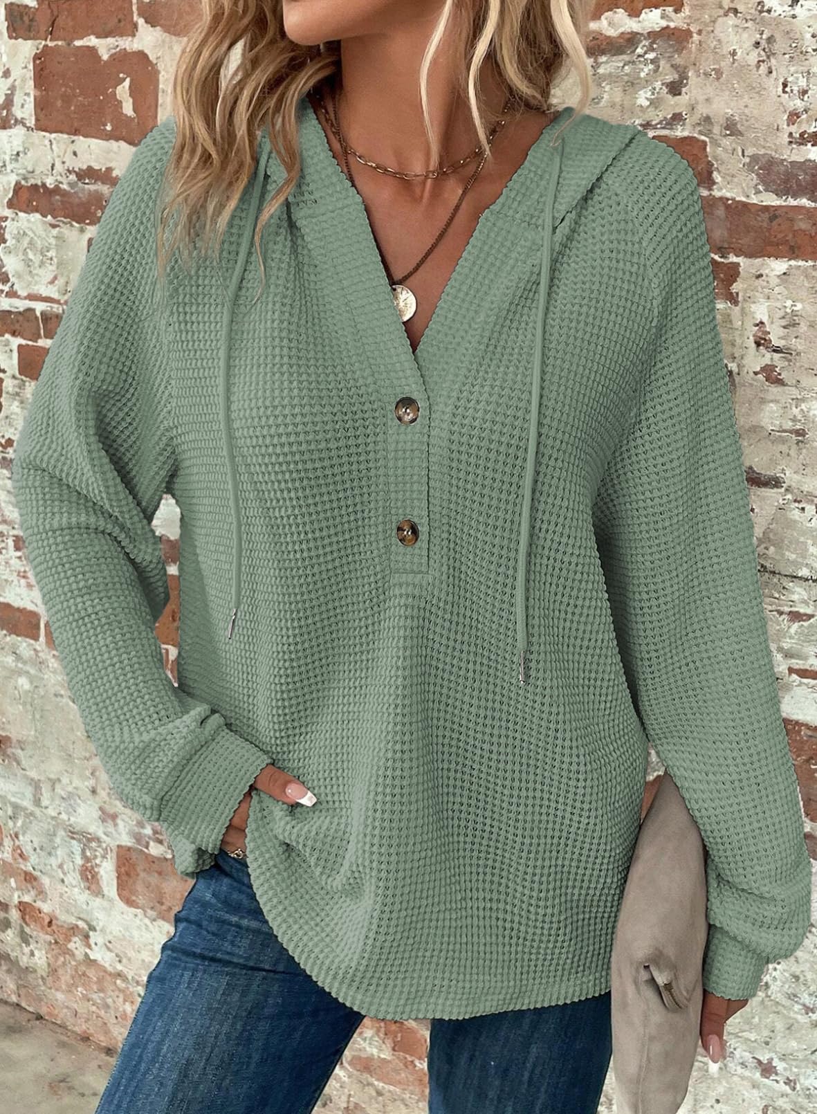 2024 New Women's Waffle Knit Drawstring Button V Neck Hooded Sweatshirt(buy 2 free shipping)