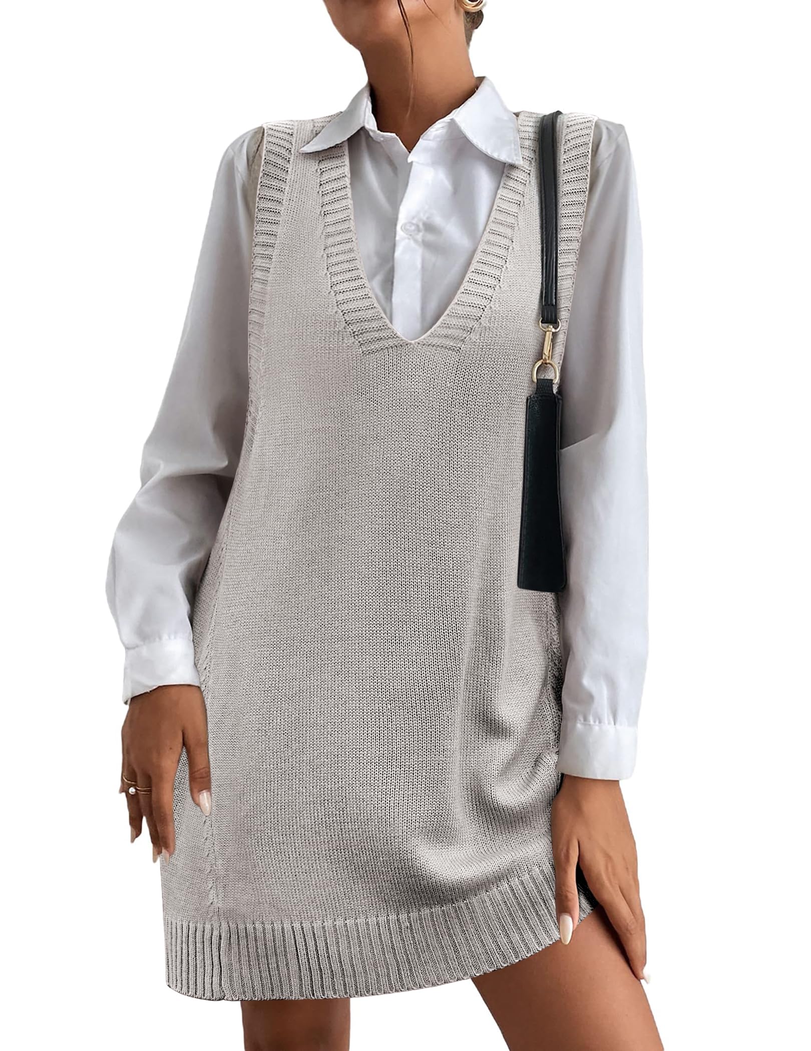 Women Oversized V Neck Sleeveless Knit Pullover Ribbed Vest Dress with Pockets