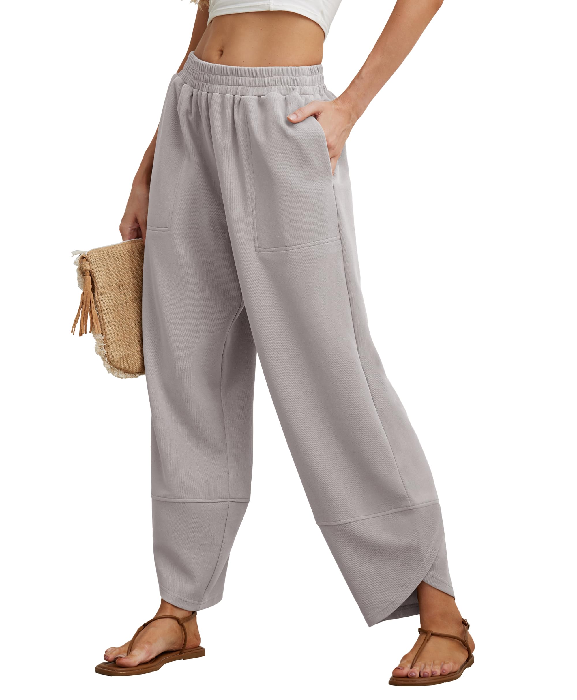 Women's Cotton Elastic Waisted Baggy Wide Leg Pants With Pockets