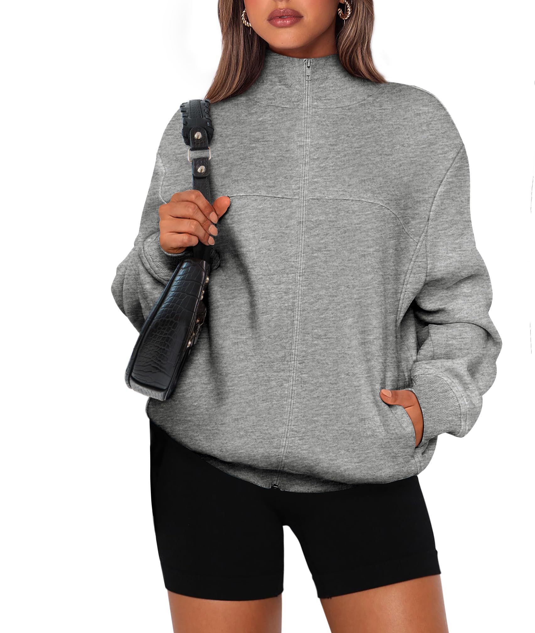 Women's Fashion Full Zip Up Loose Fit Sweatshirt Jacket With Pockets