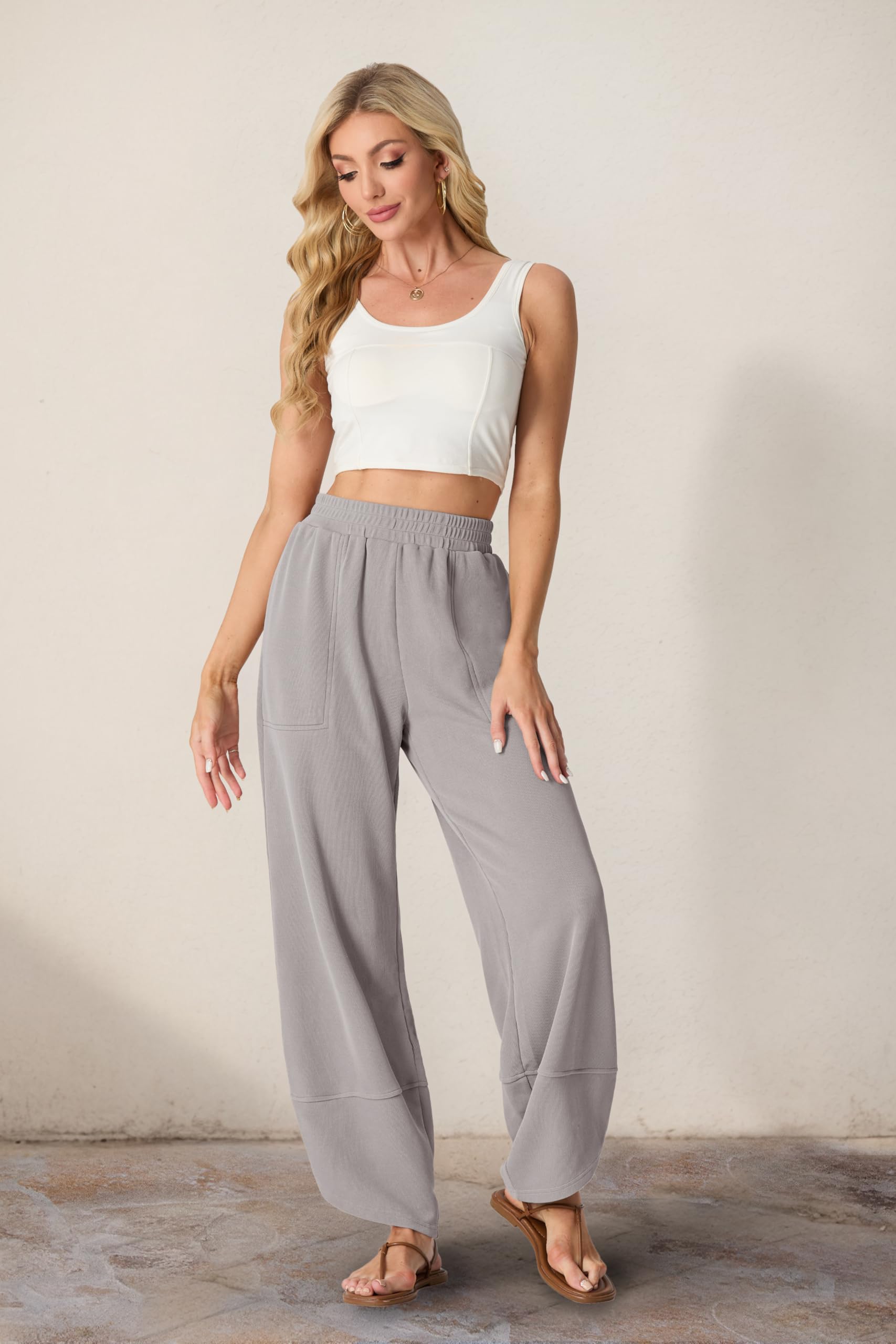 Women's Cotton Elastic Waisted Baggy Wide Leg Pants With Pockets
