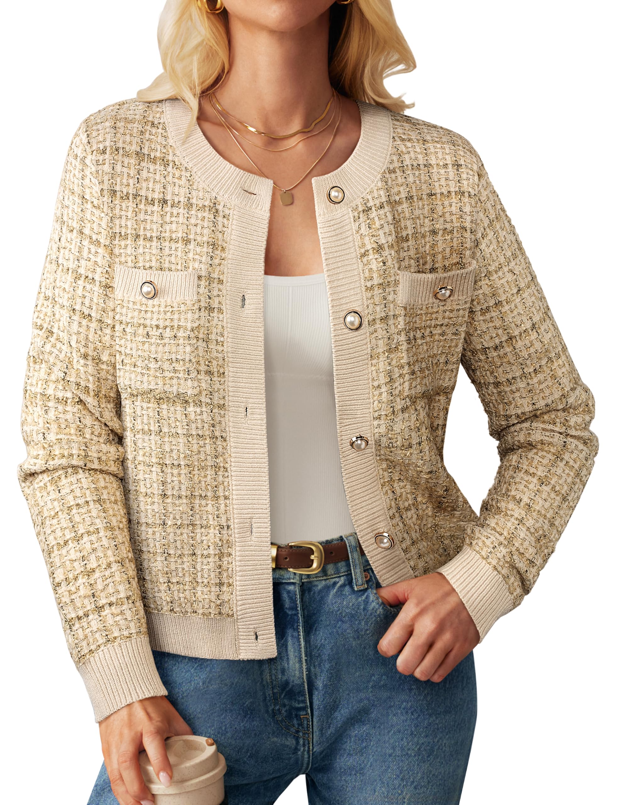 Womens Open Front Button Down Texture Knit Cardigan Sweaters with Pockets