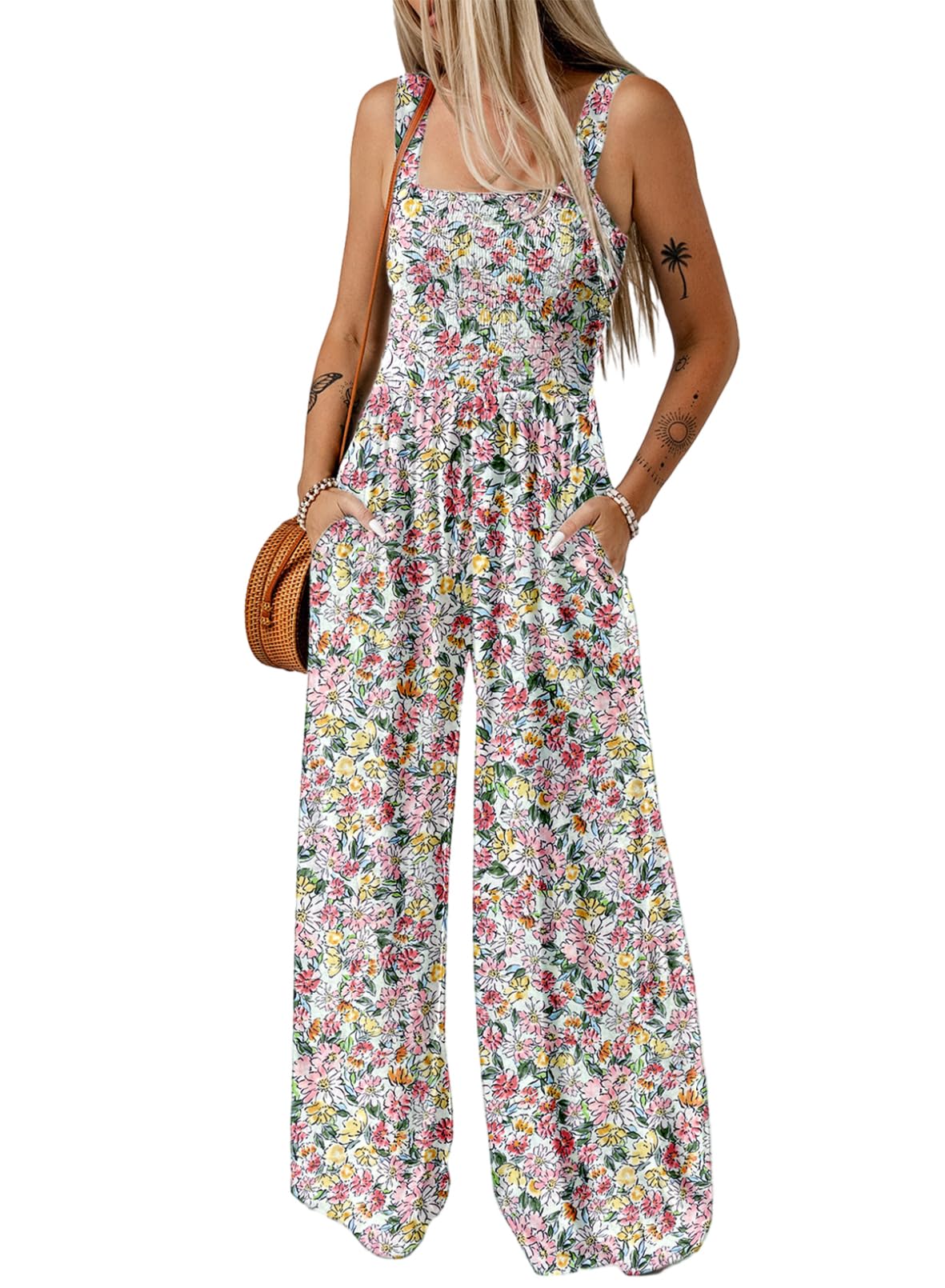 Womens Overalls Casual Floral Print Sleeveless Jumpsuit with Pockets