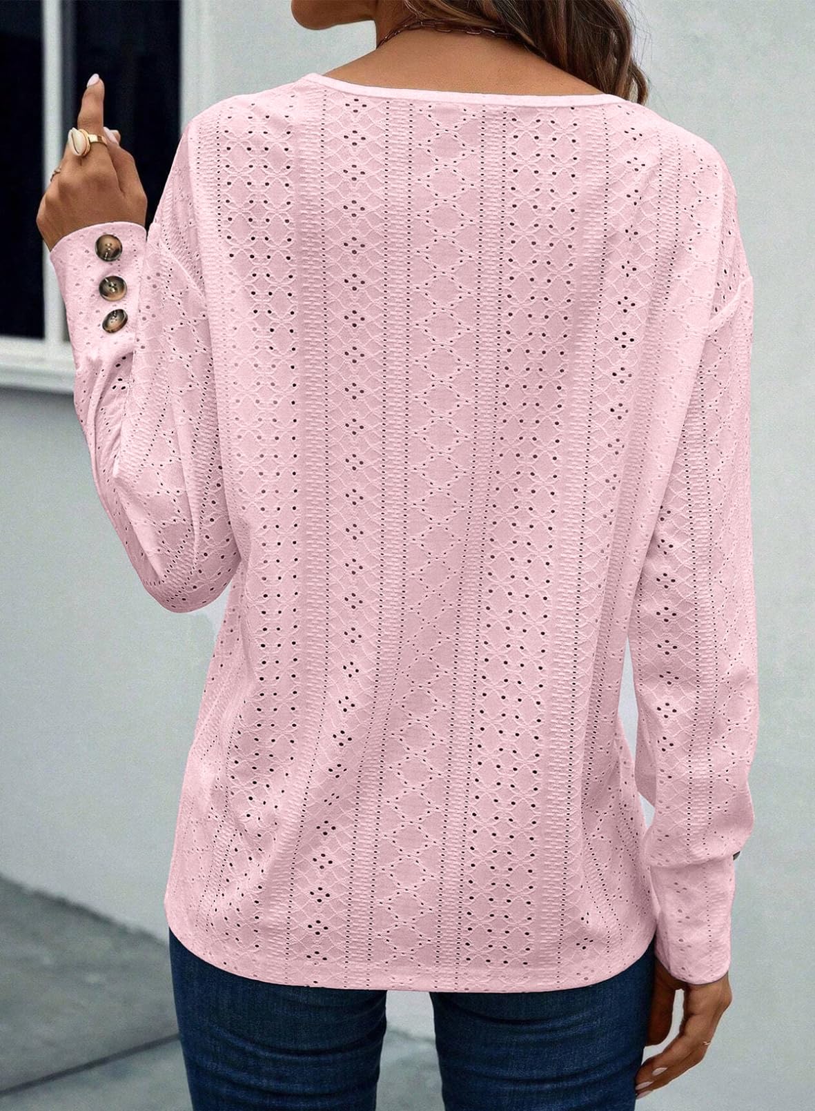 Women's Casual V Neck Long Sleeve Hollow Out Lace Embroidered Tops