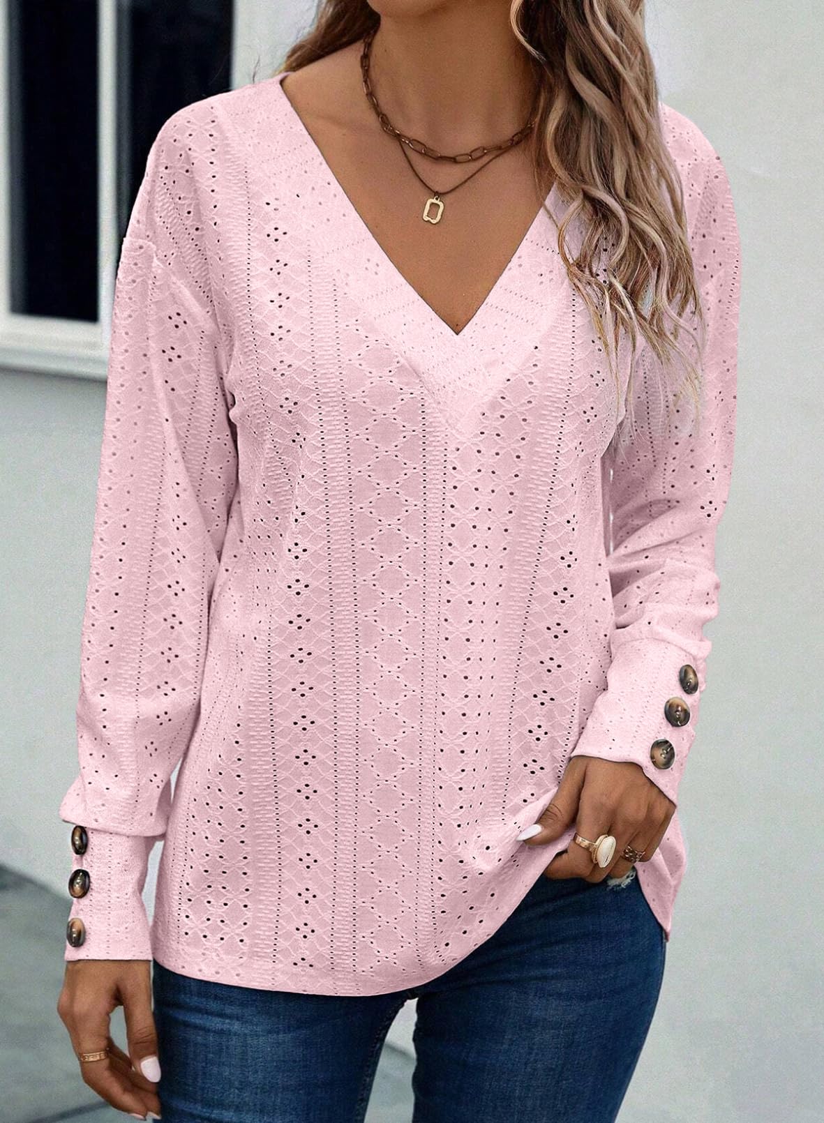 Women's Casual V Neck Long Sleeve Hollow Out Lace Embroidered Tops