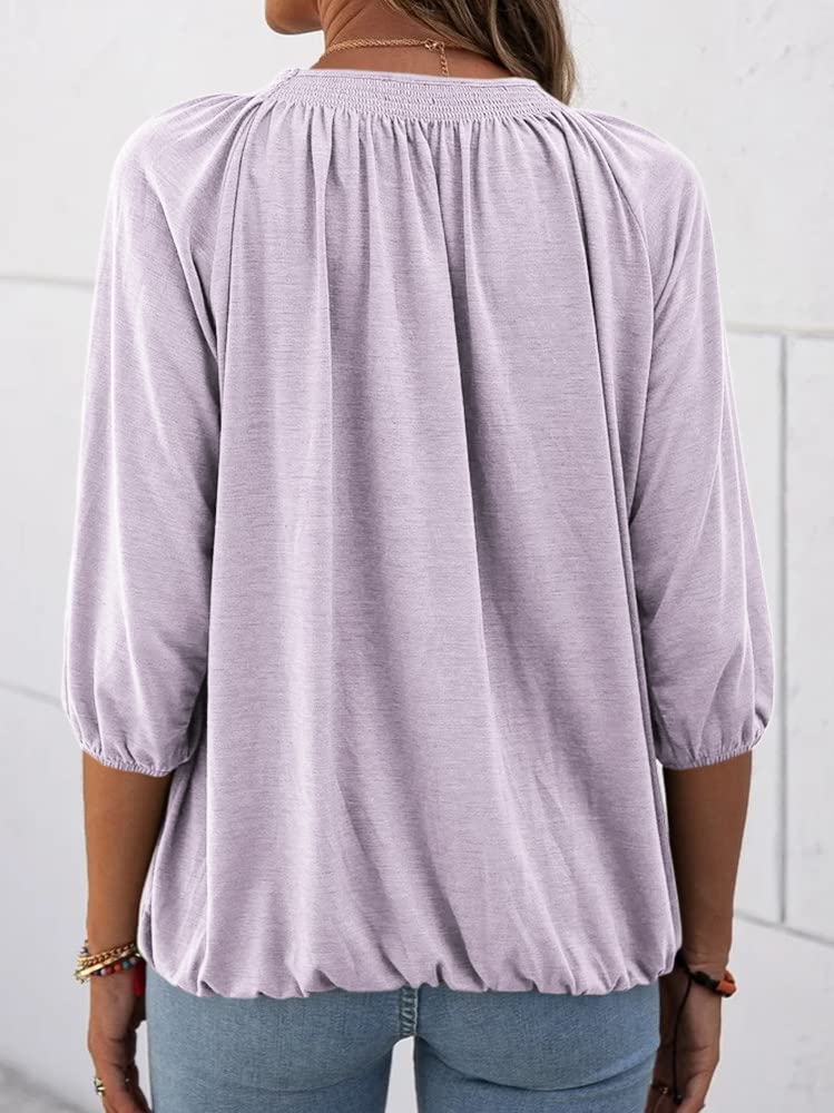Women's Casual Cotton 3/4 Sleeve Loose Pleated Basic Tops