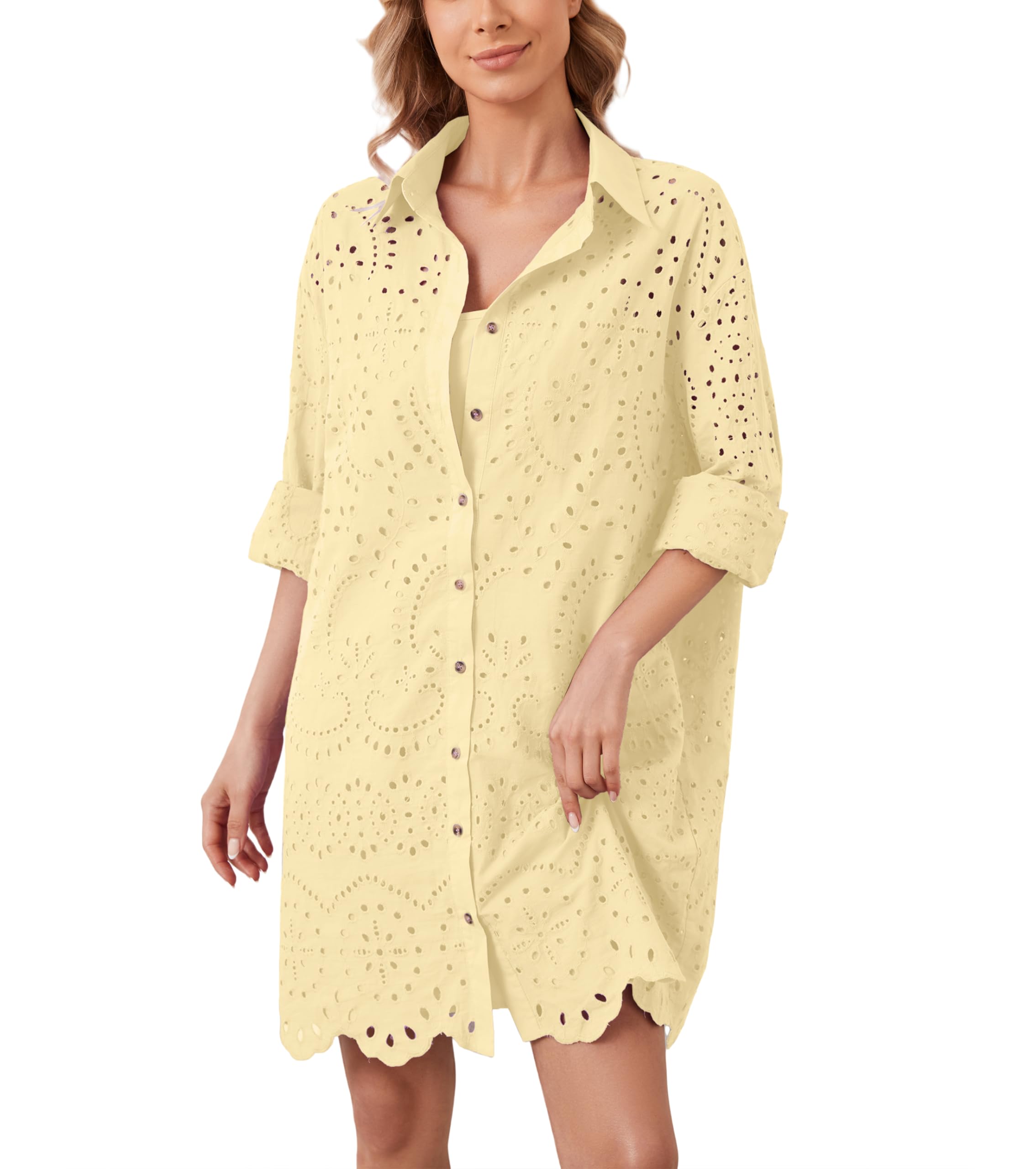 Women's Hollow Out Button Down Lapel Loose Mini Shirt Dress