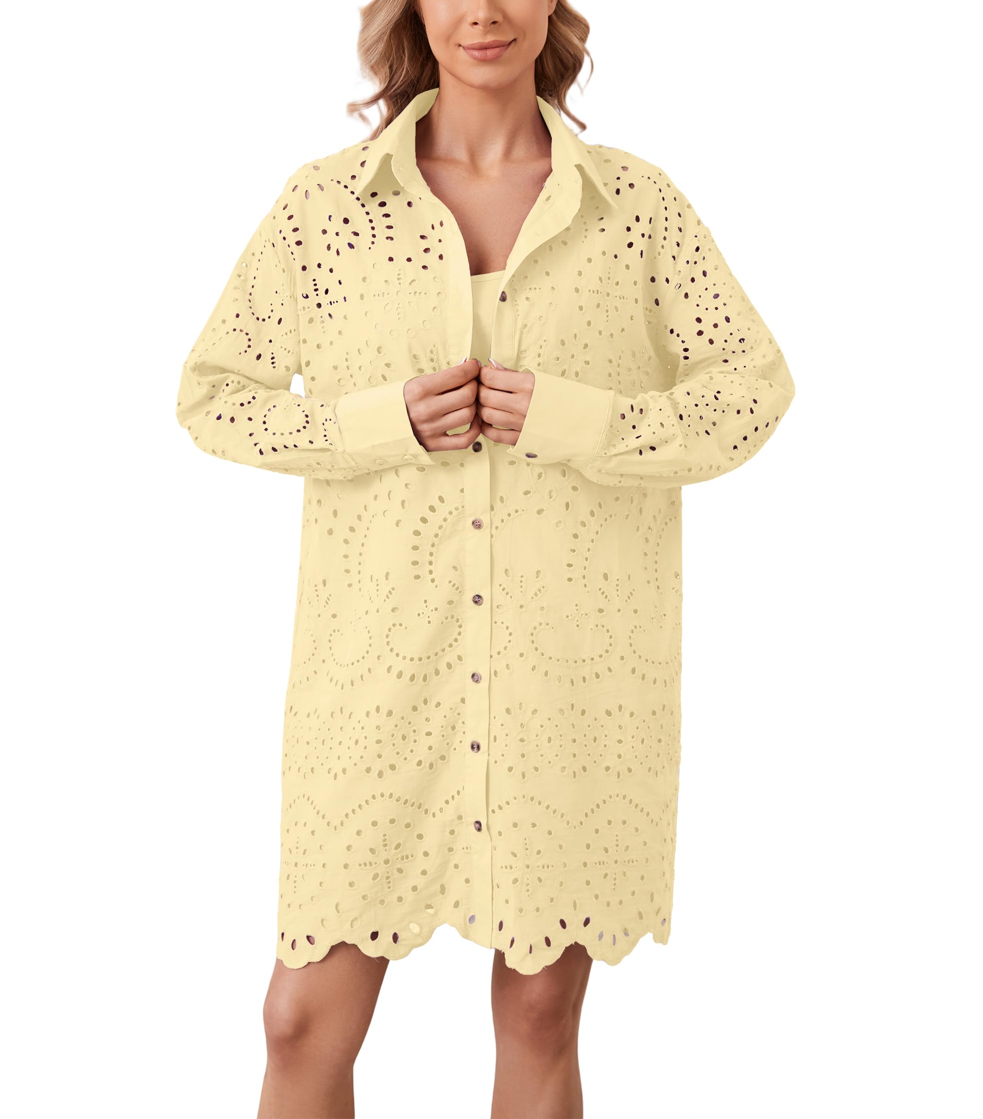 Women's Hollow Out Button Down Lapel Loose Mini Shirt Dress