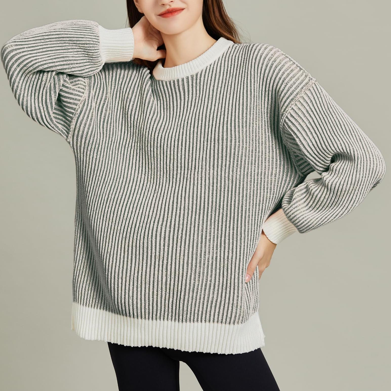 Women Striped Round Neck Rib Knit Blouse Sweater