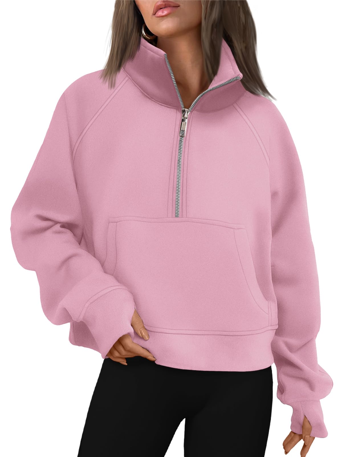 Womens Half Zip Cropped Sweatshirt With Thumb Hole (Buy 2 Free Shipping)