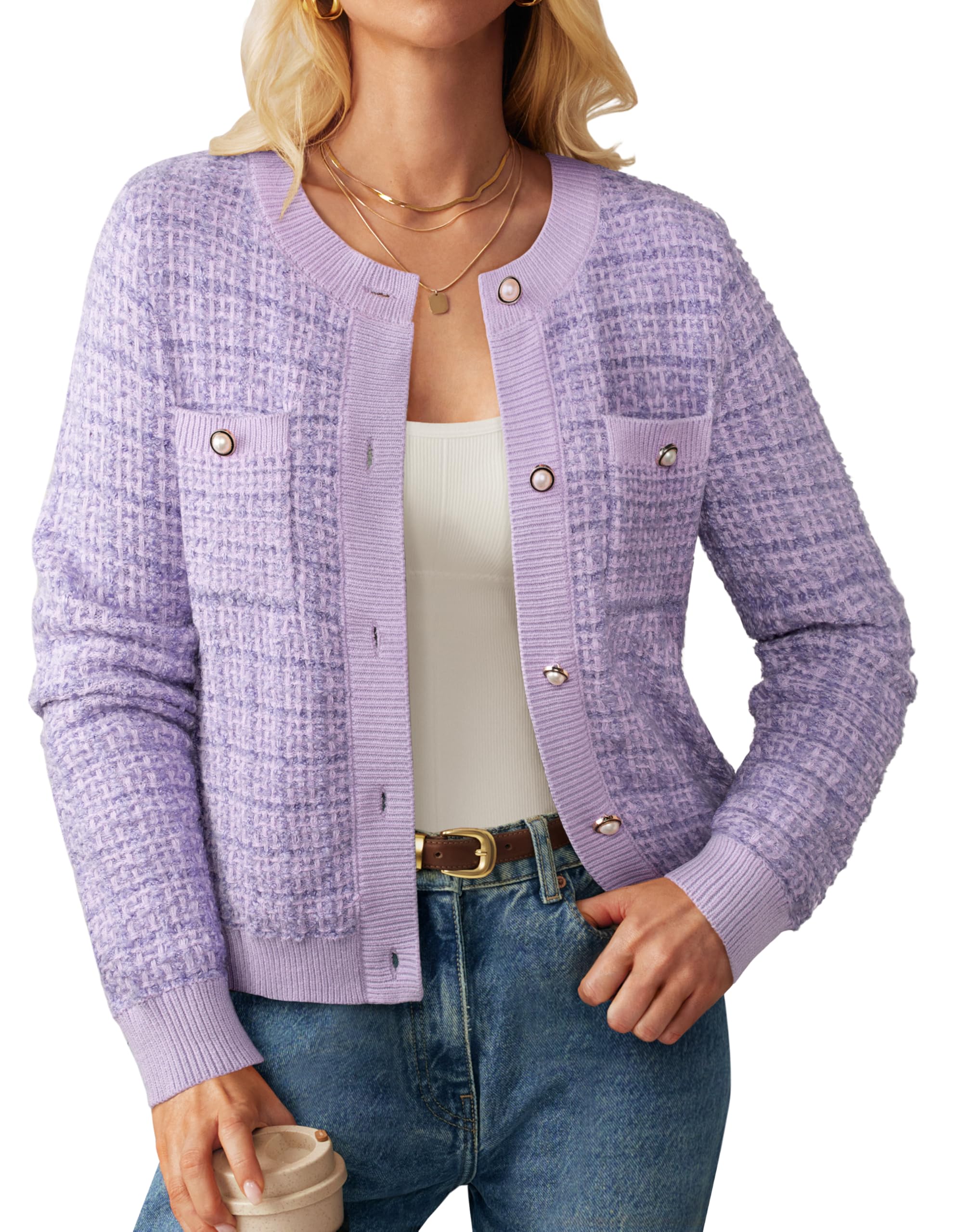 Womens Open Front Button Down Texture Knit Cardigan Sweaters with Pockets