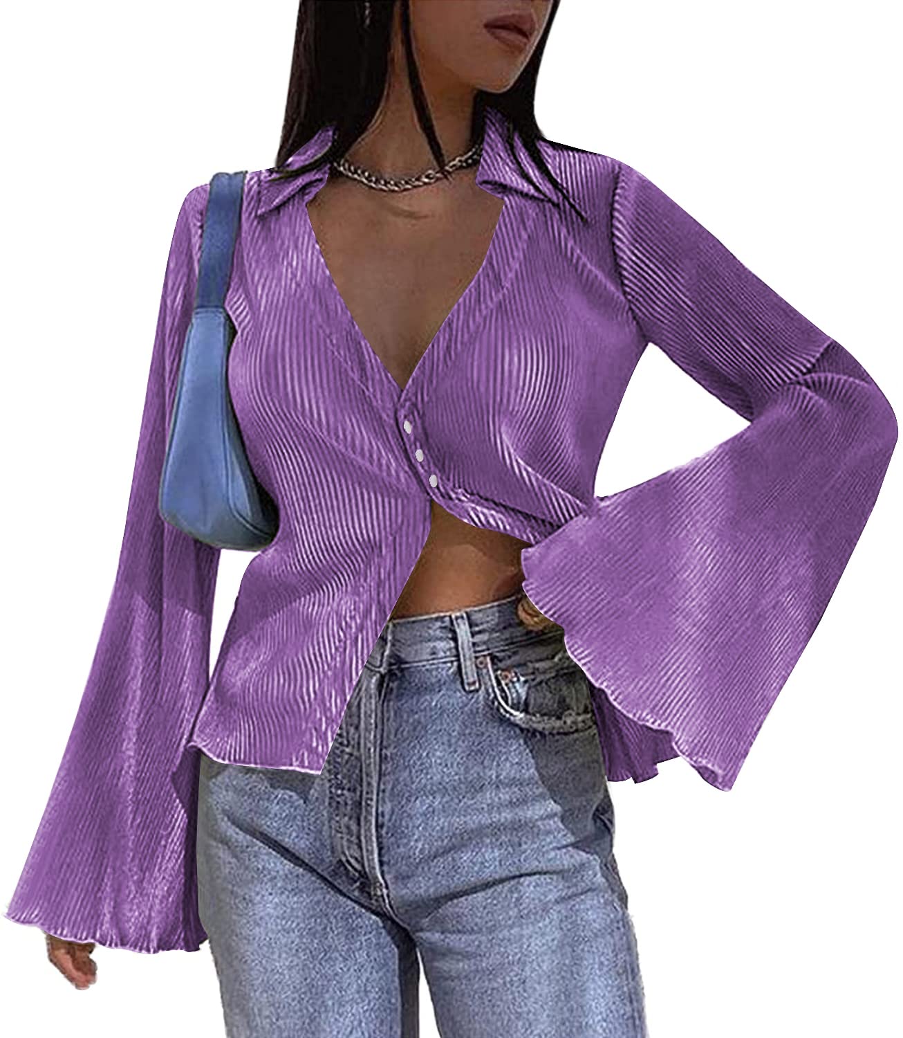 Women's Deep V Neck Shirt  Blouse Bell Long Sleeve Tops