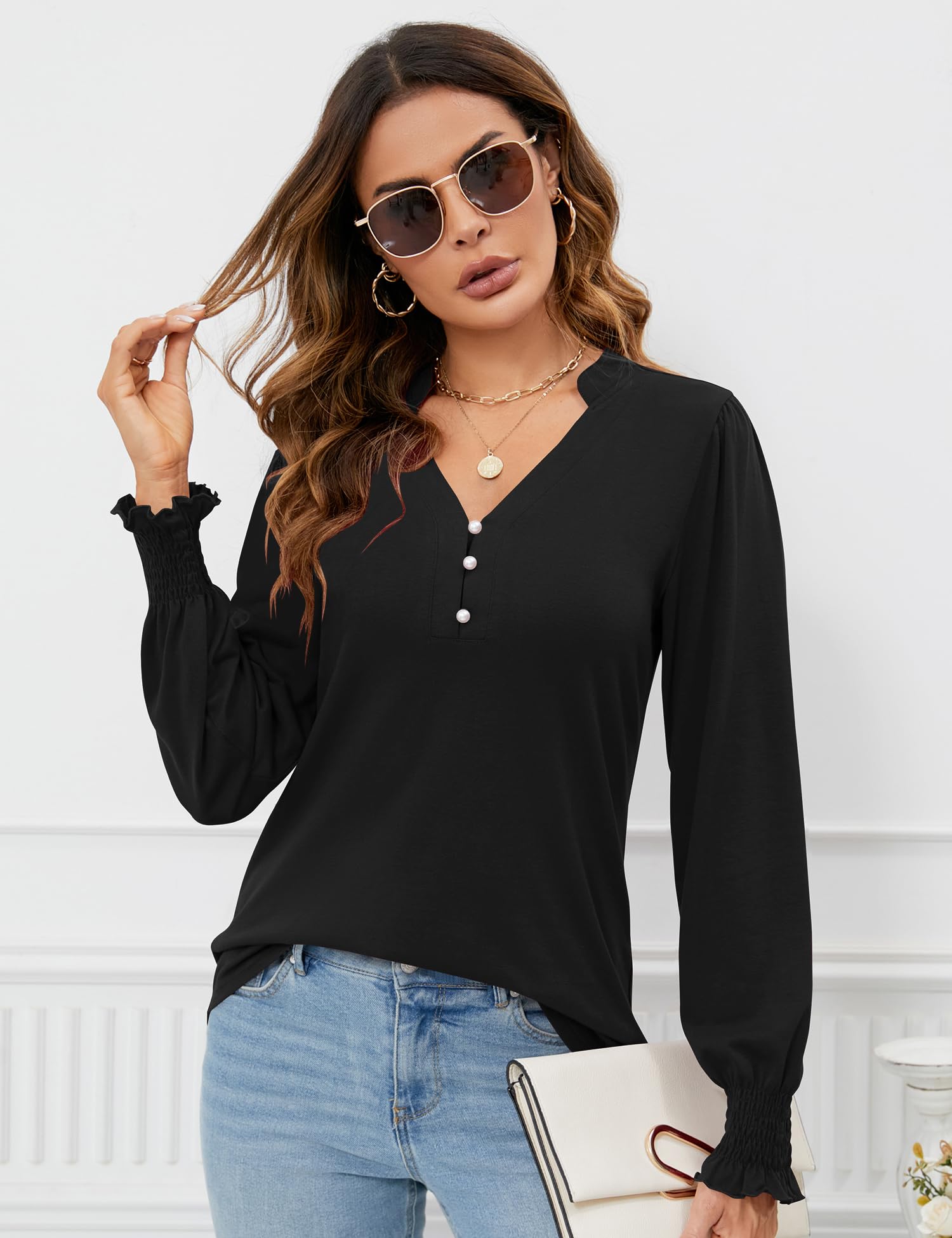 2025 New Womens V Neck Puff Long Sleeve Ruffle Cuffs Tunic Blouses(buy 2 free shipping)