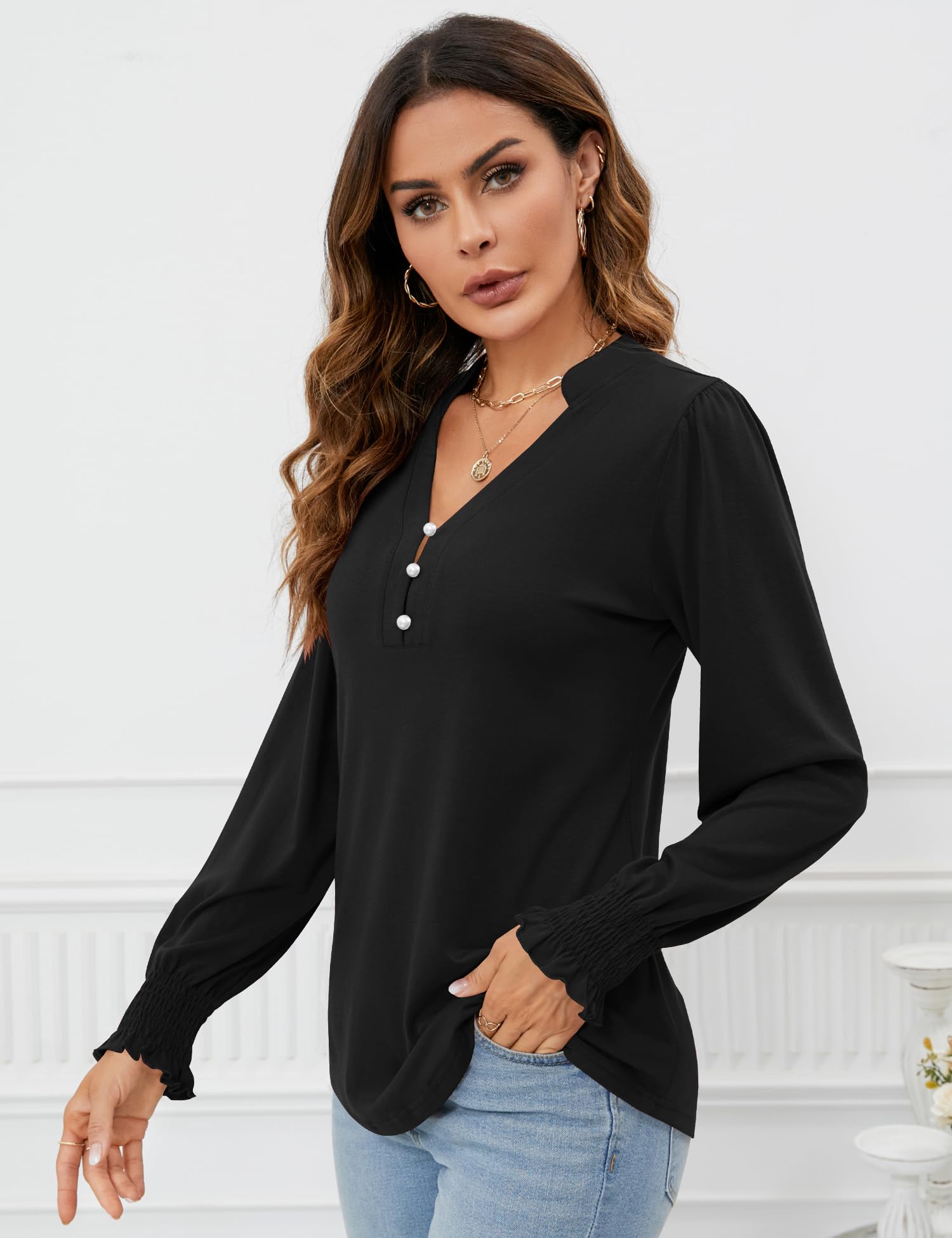 2025 New Womens V Neck Puff Long Sleeve Ruffle Cuffs Tunic Blouses(buy 2 free shipping)