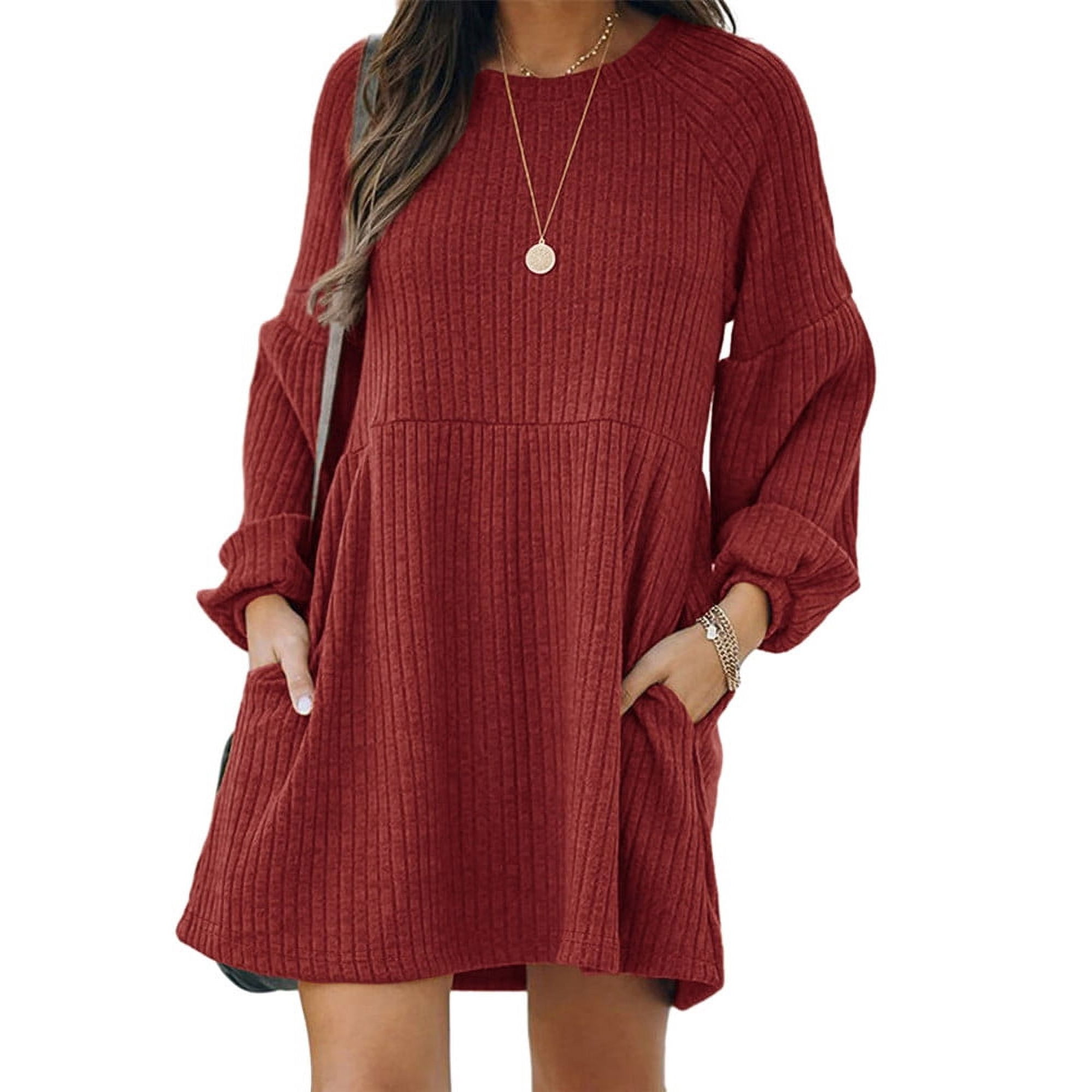 Minimalist Chic Plain Textured Ribbed Pocket Bishop Sleeve Crewneck Dress