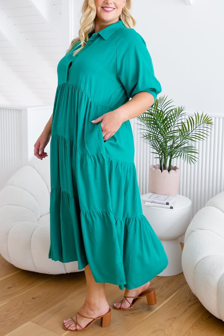 HOT SALE Mid-sleeved Shirt Tiered Maxi Dress