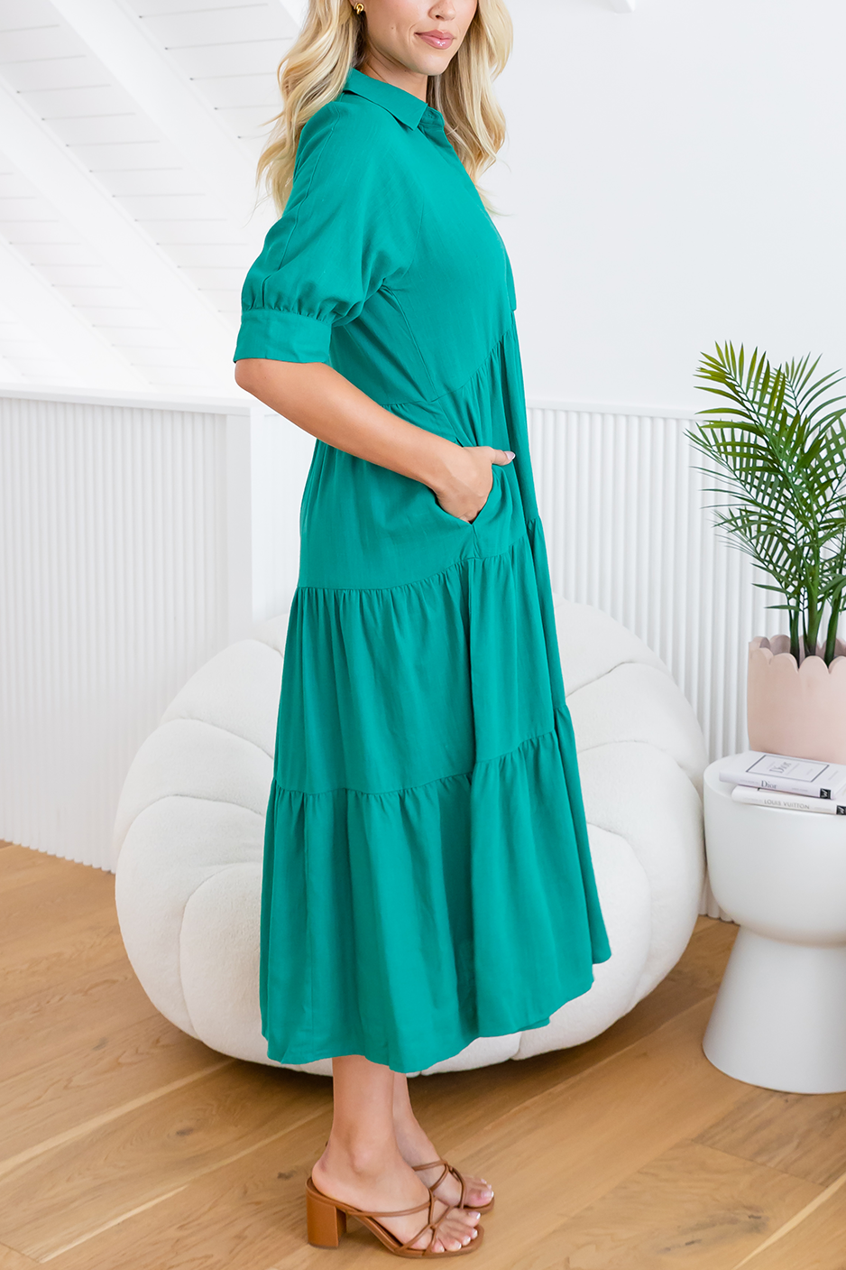 HOT SALE Mid-sleeved Shirt Tiered Maxi Dress