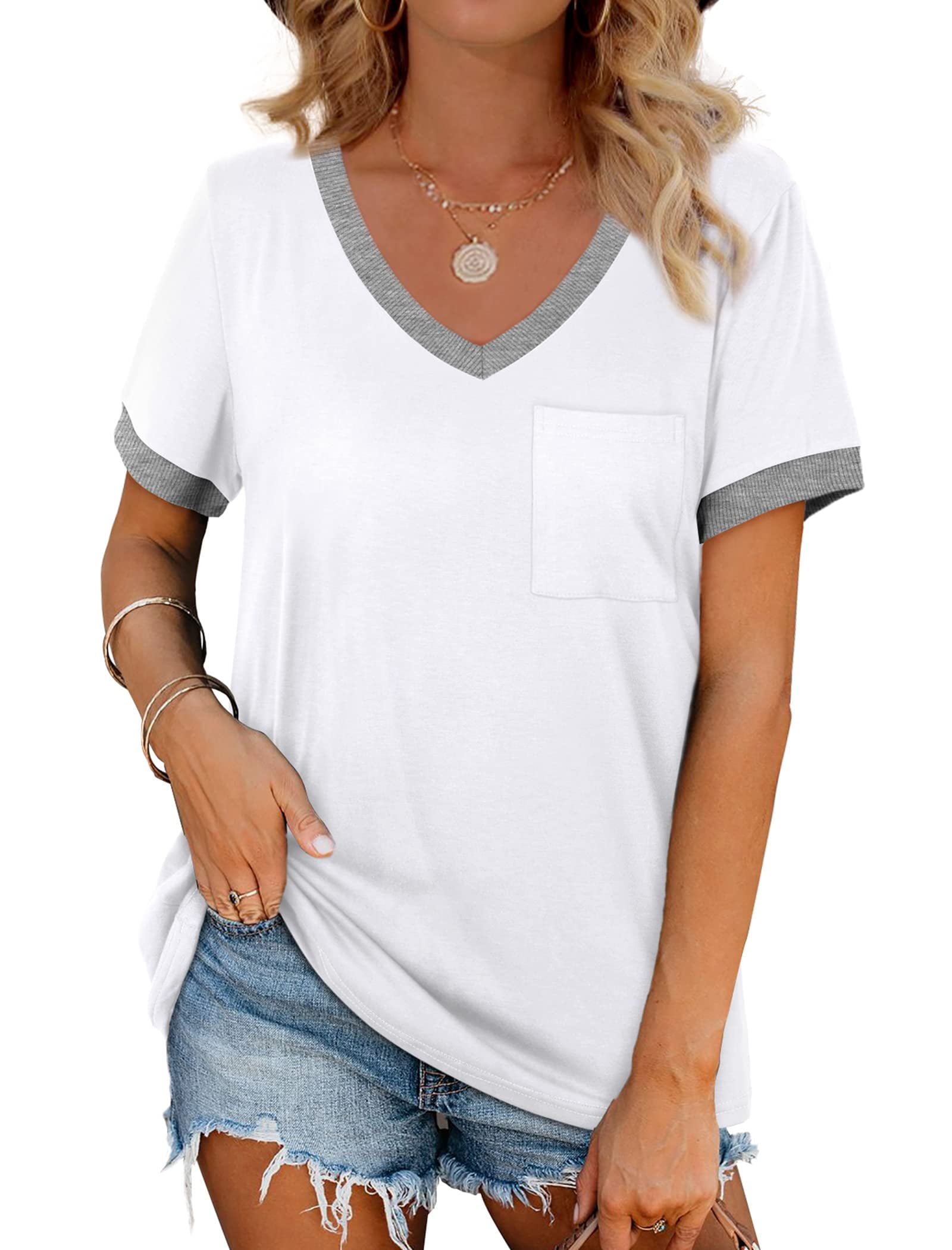 Women T Shirts Short Sleeve Loose Casual Summer Tops with Pocket