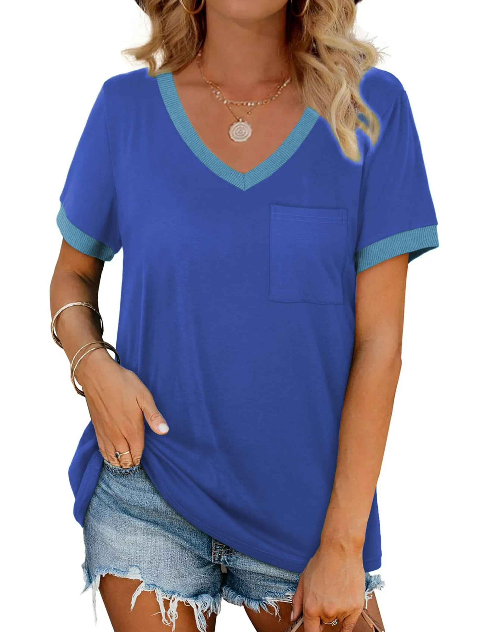 Women T Shirts Short Sleeve Loose Casual Summer Tops with Pocket