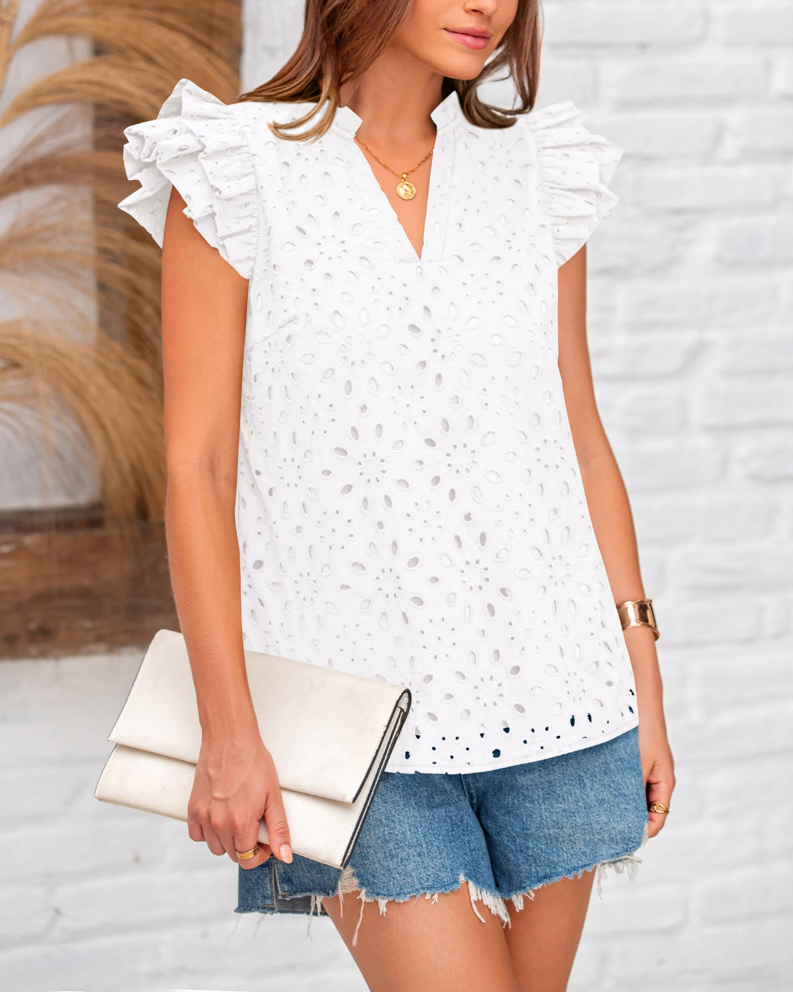 Women Summer Eyelet Tops Dressy Casual V Neck Ruffle Cap Sleeve