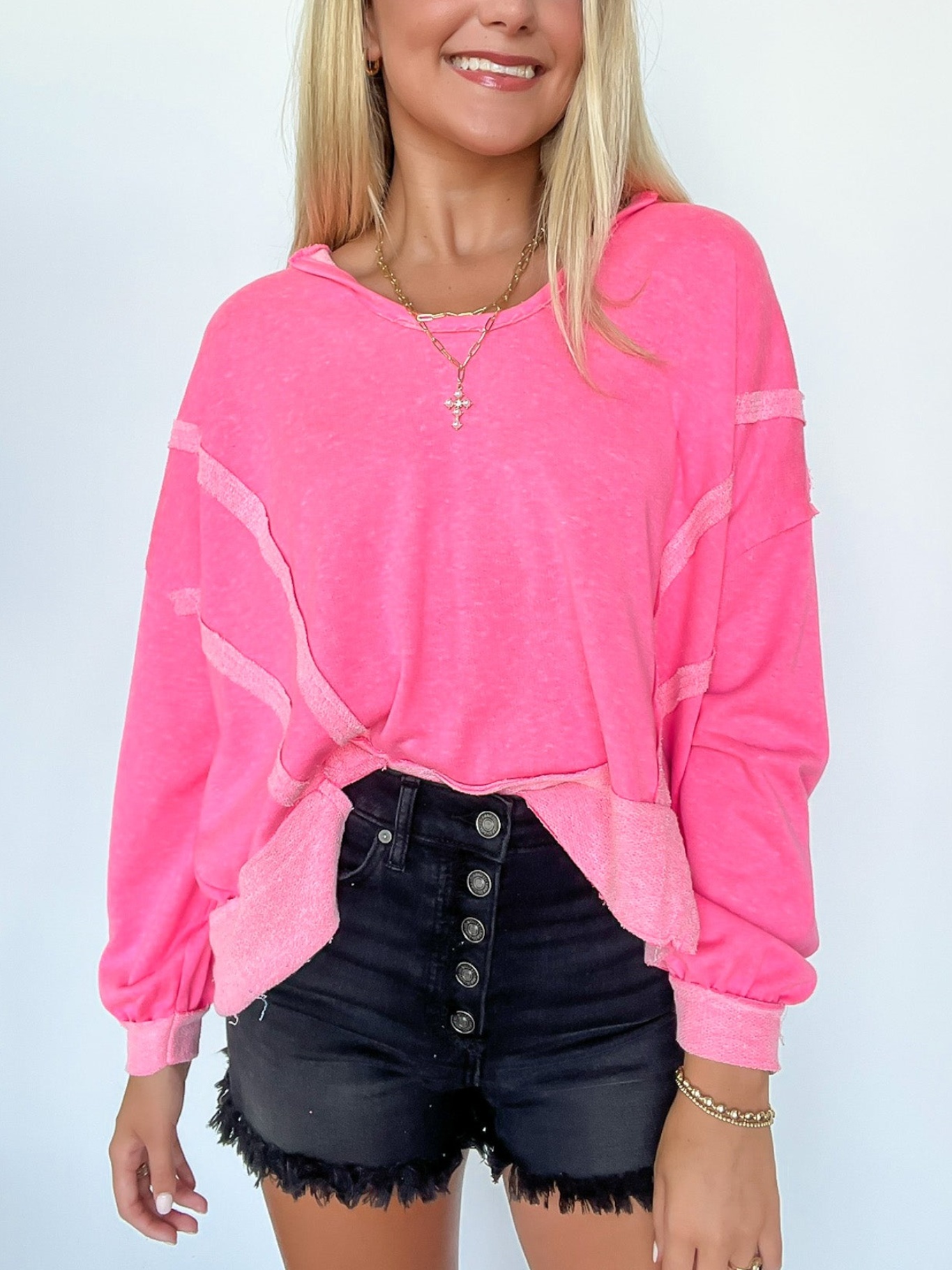 Contrast Trim Relaxed Hooded Pullover (Buy 2 Free Shipping)