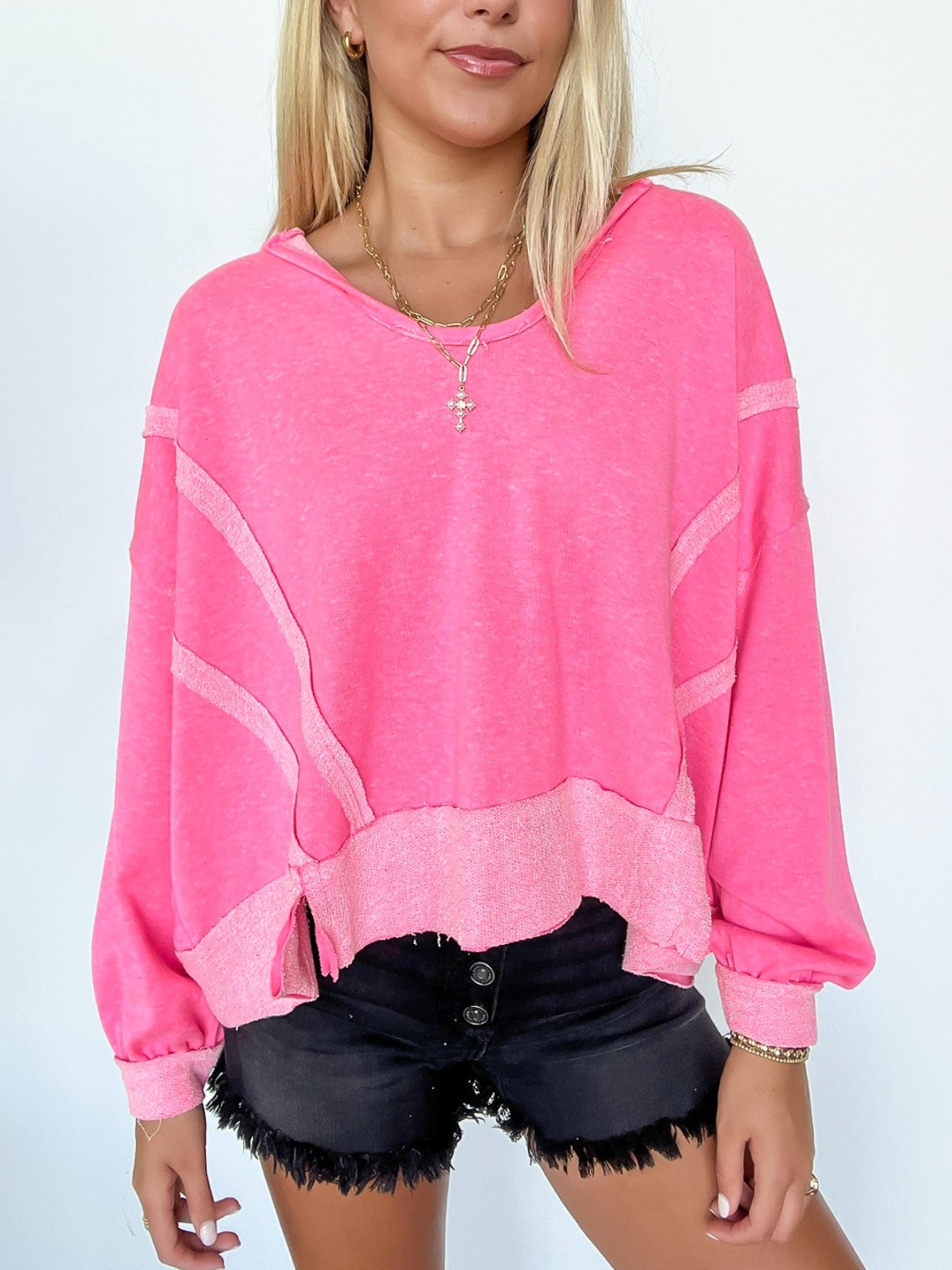 Contrast Trim Relaxed Hooded Pullover (Buy 2 Free Shipping)