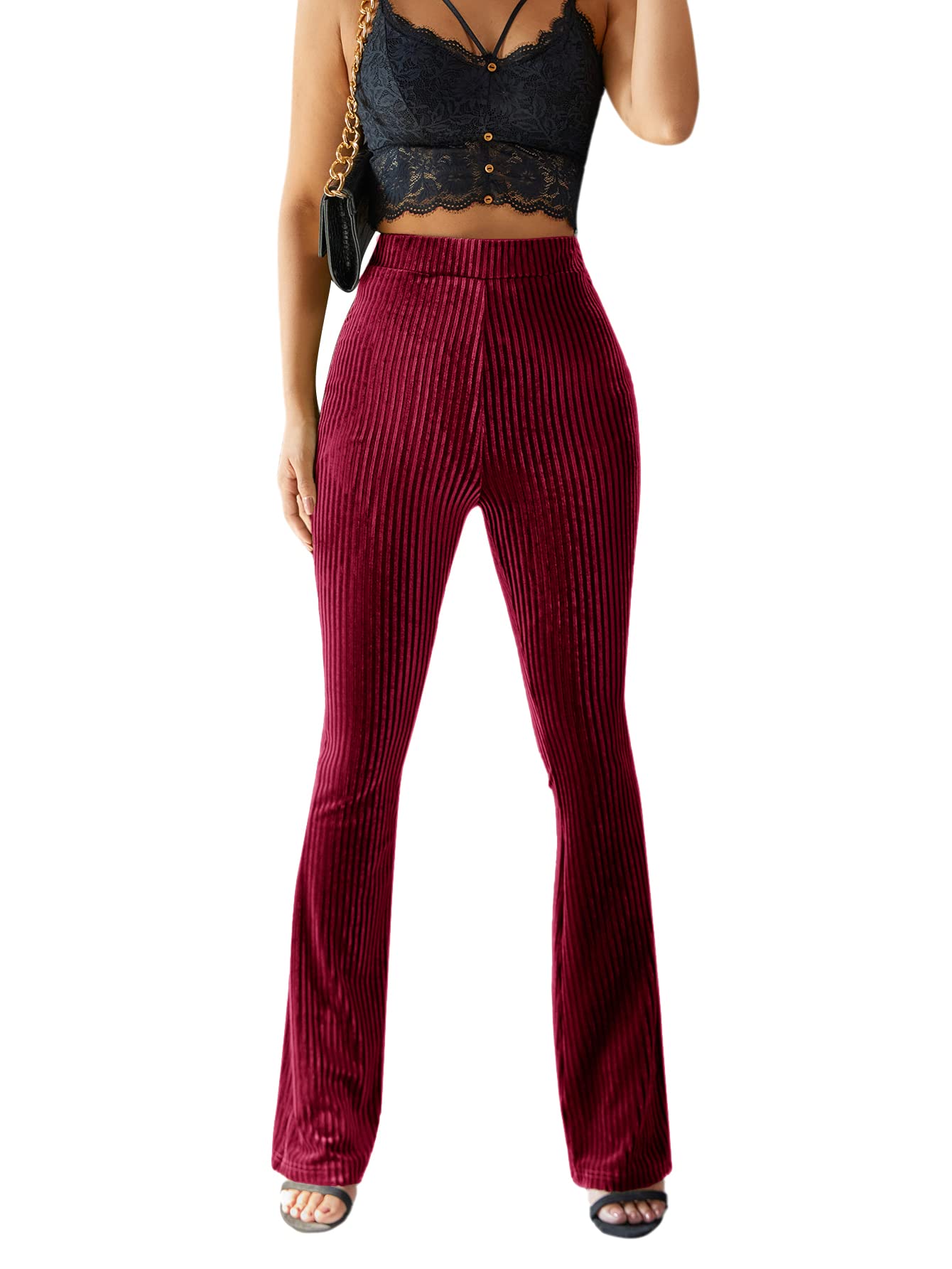 Women's Velvet Elastic Waist Flare Leg Palazzo Long Pants Trousers