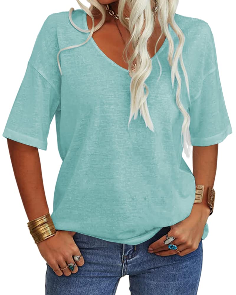 Women's Solid V-Neck Half Sleeves Oversized T Shirt