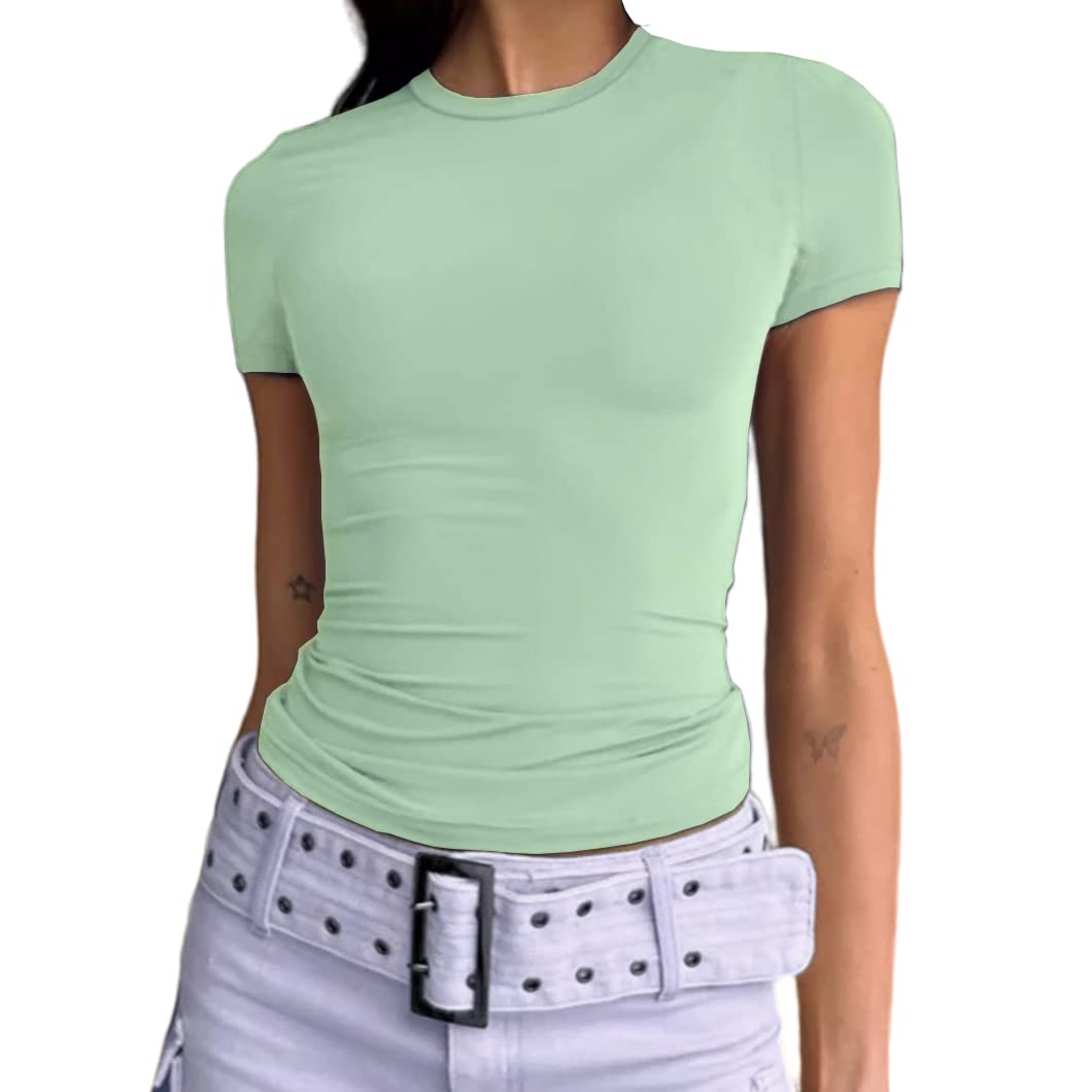 Slim Fit Short Sleeve Crew Neck Tight T Shirts-Pink Laura