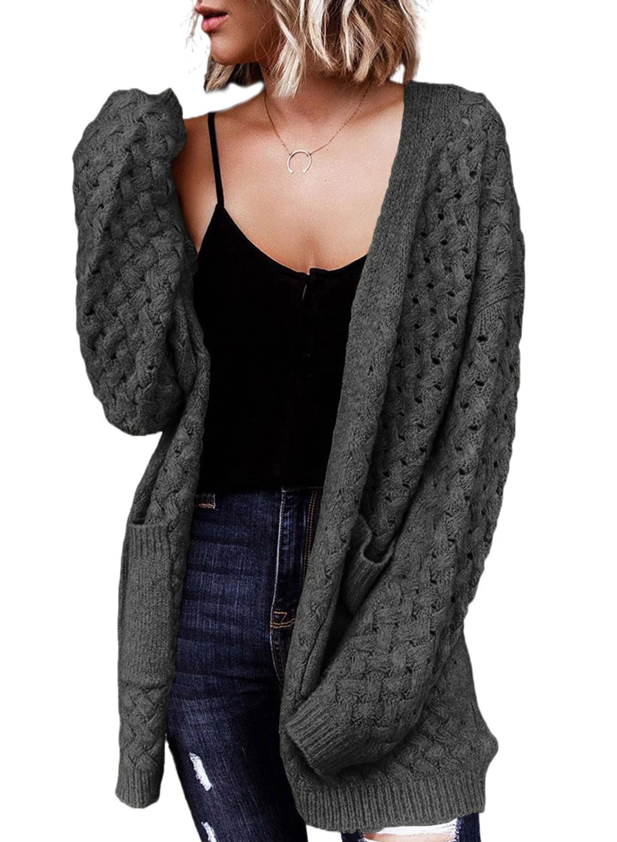 Women's Casual Open Front Long Sleeve Chunky Cable Knit Cardigans With Pockets