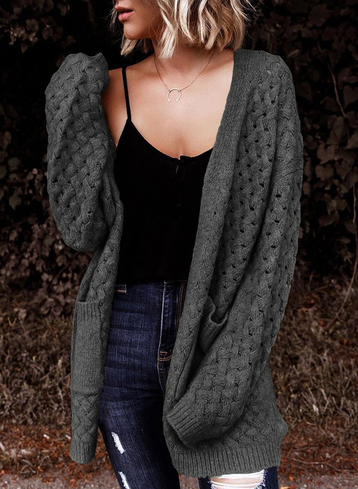 Women's Casual Open Front Long Sleeve Chunky Cable Knit Cardigans With Pockets