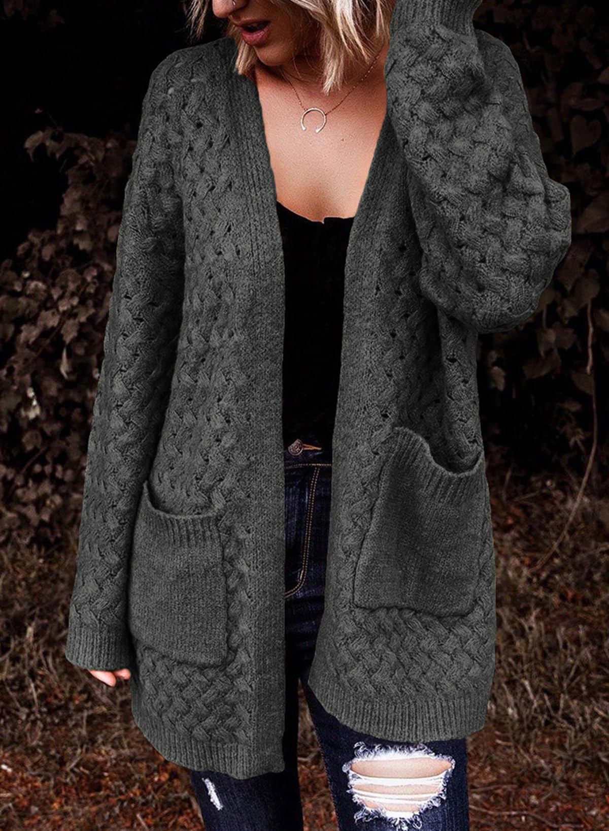 Women's Casual Open Front Long Sleeve Chunky Cable Knit Cardigans With Pockets