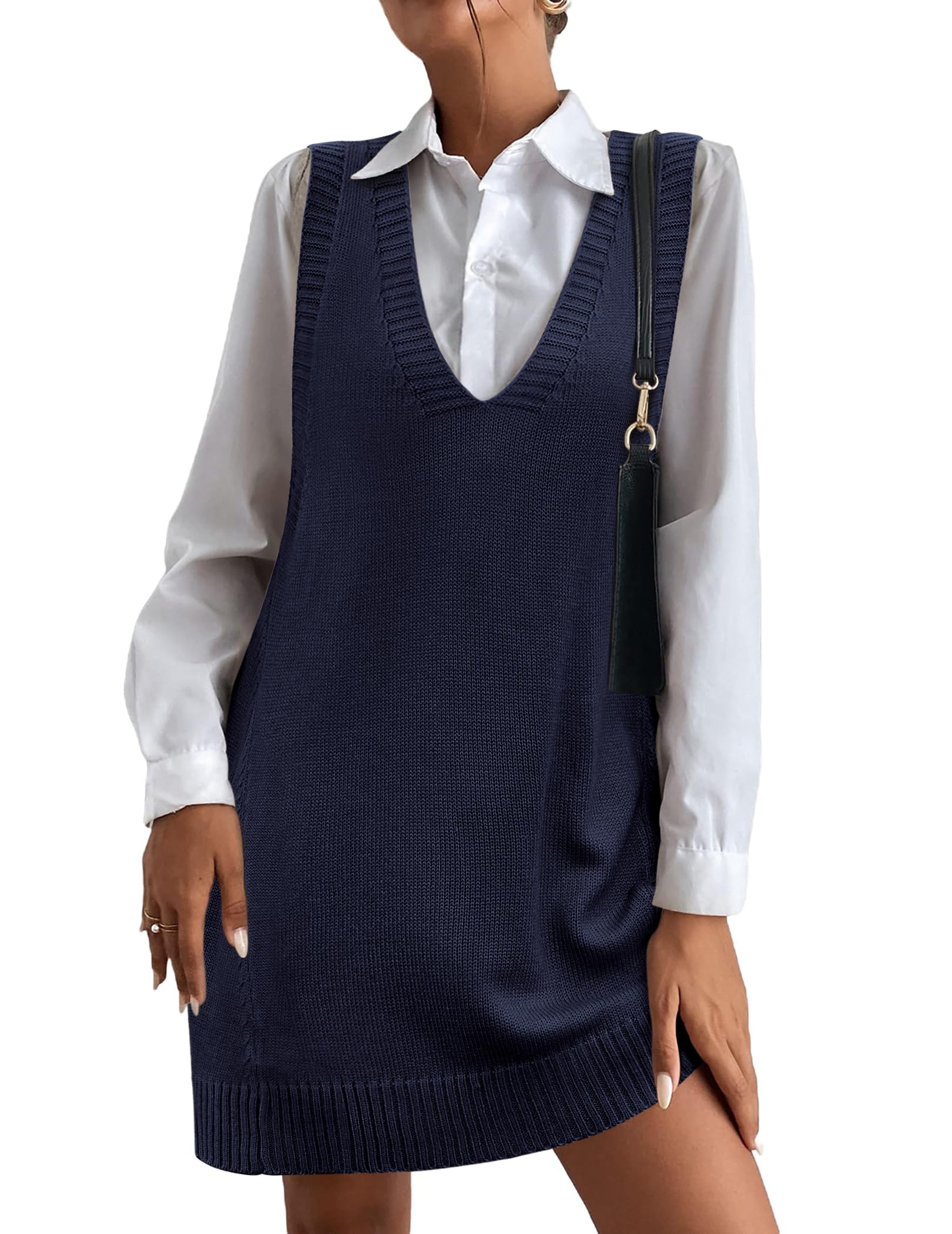 Women Oversized V Neck Sleeveless Knit Pullover Ribbed Vest Dress with Pockets