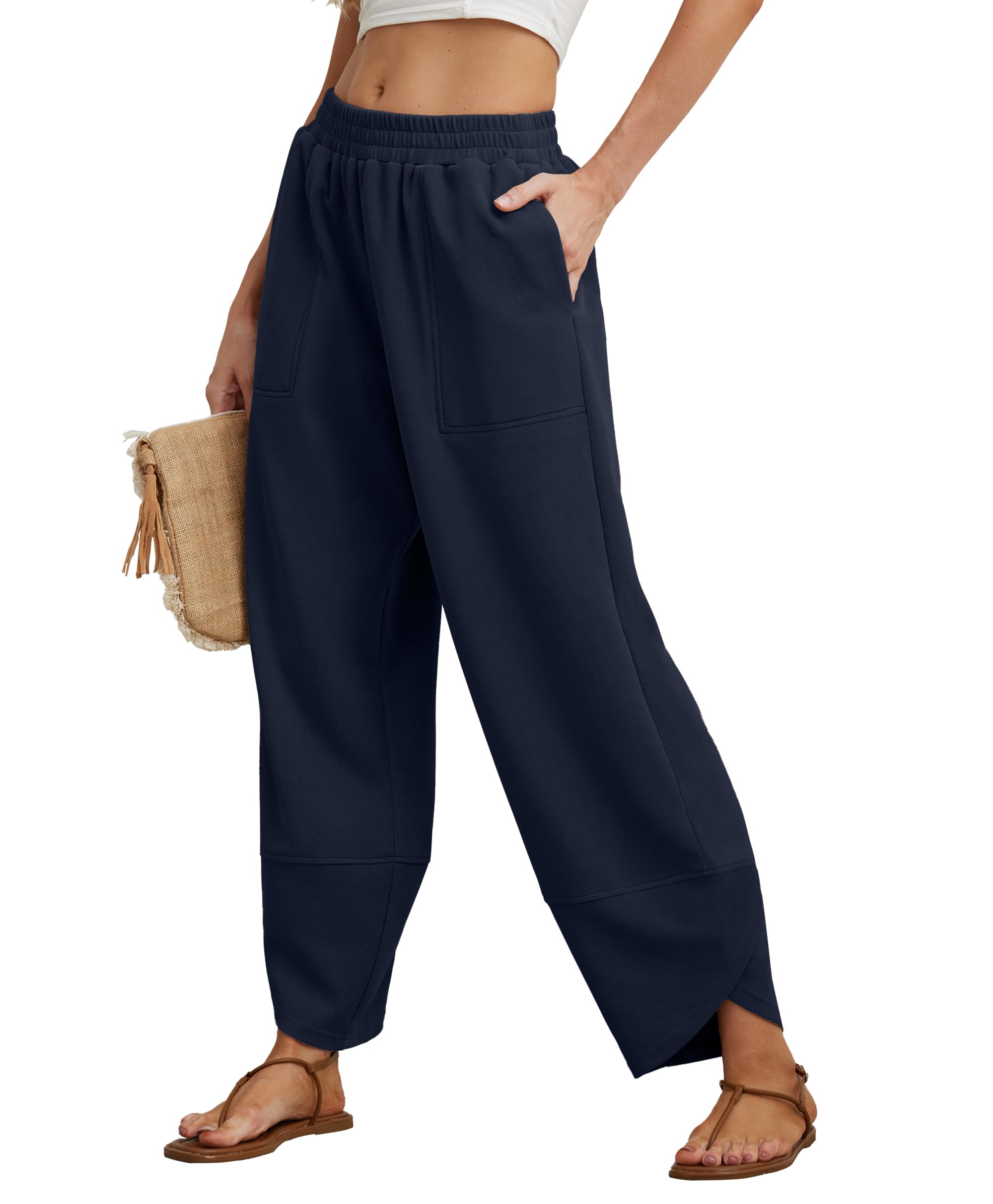 Women's Cotton Elastic Waisted Baggy Wide Leg Pants With Pockets