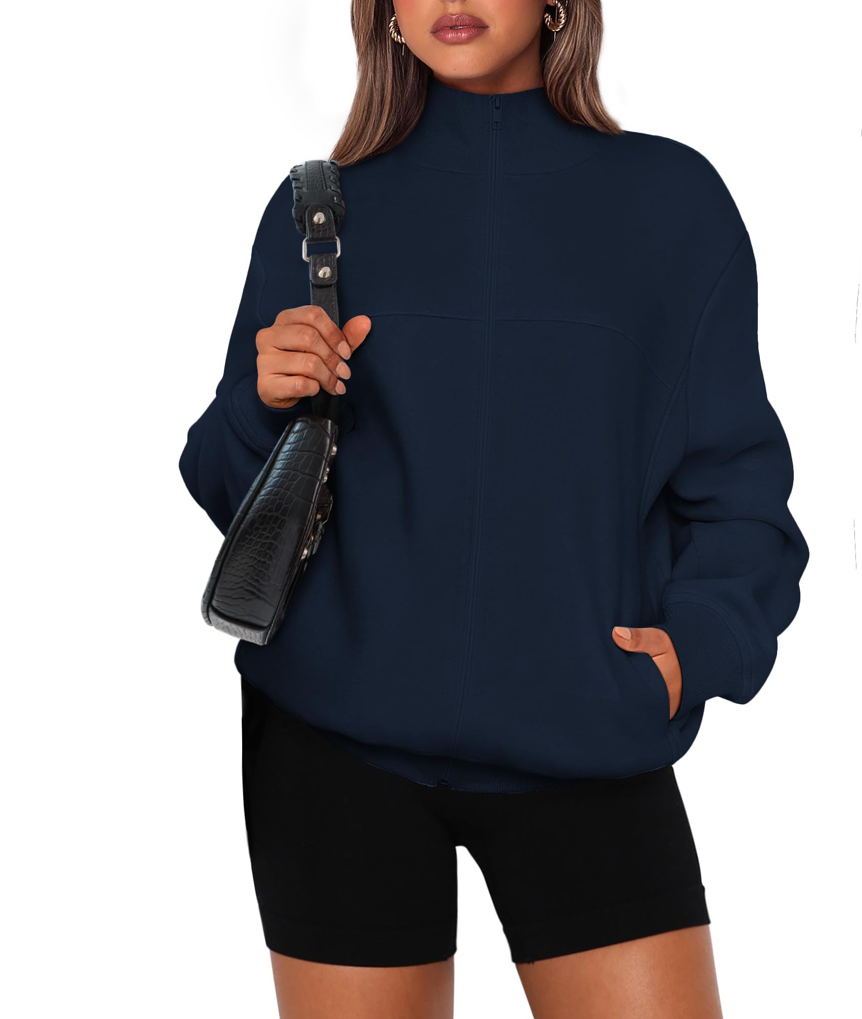 Women's Fashion Full Zip Up Loose Fit Sweatshirt Jacket With Pockets