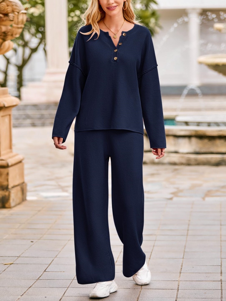 Women's Long Sleeve Button Knit Pullover Sweater and Pants Lounge 2 Piece Outfit Sets
