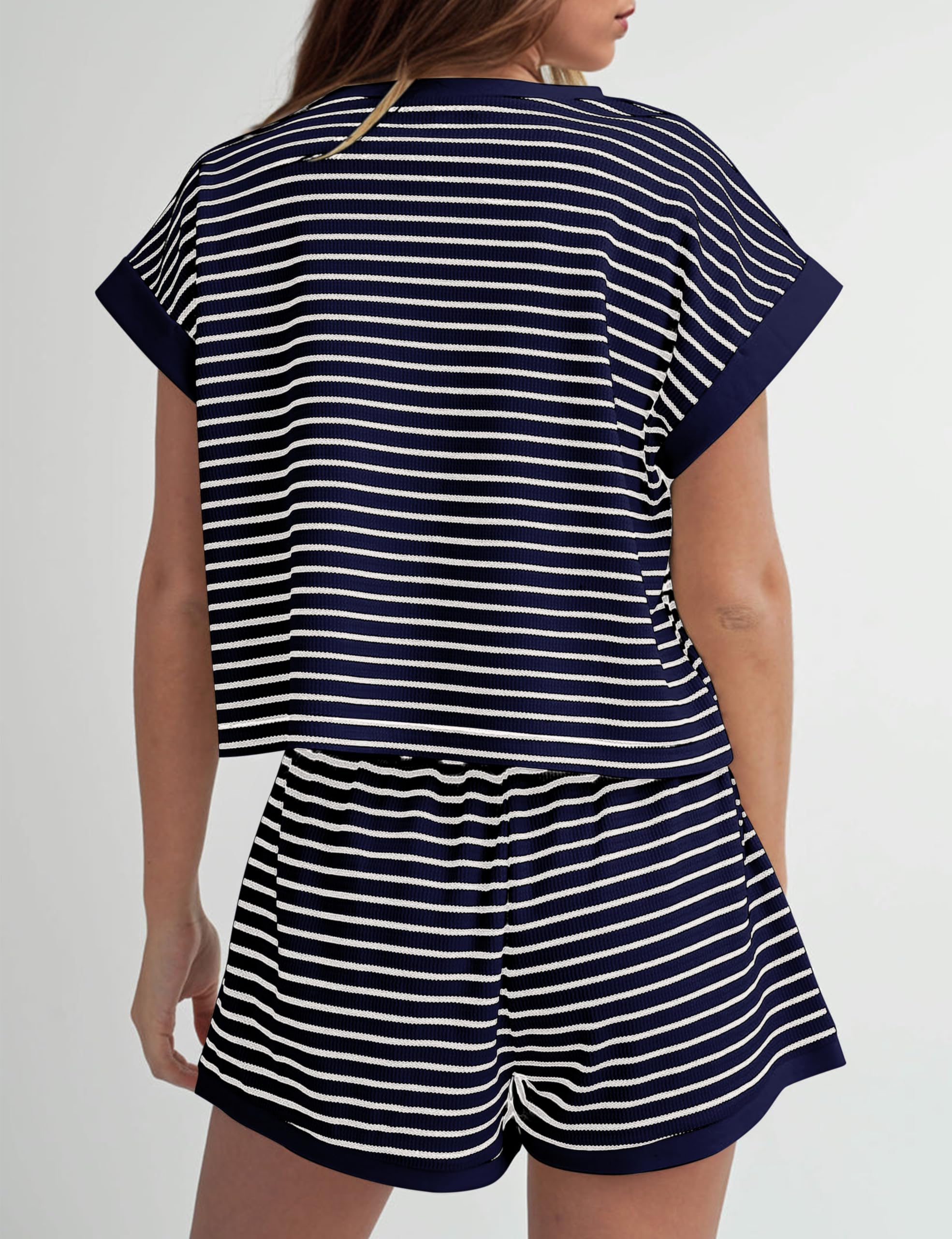 Women Summer Striped Short Sleeve Tee Shirts Mini Shorts 2 Piece Lounge Sets