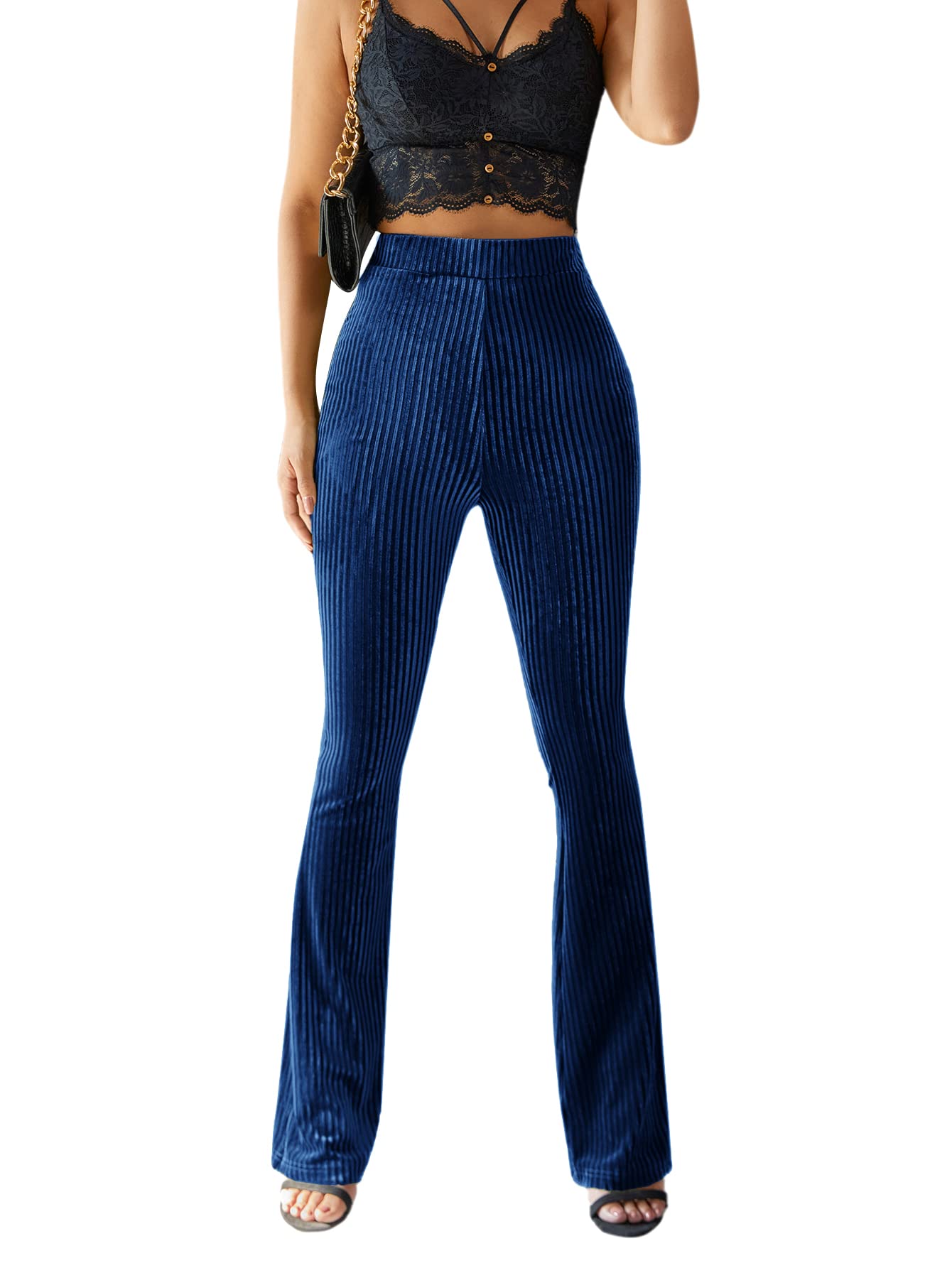 Women's Velvet Elastic Waist Flare Leg Palazzo Long Pants Trousers