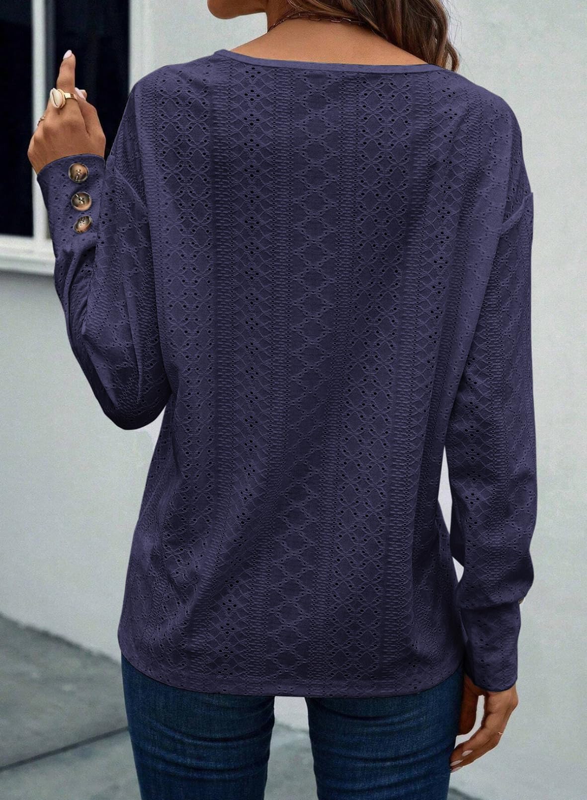 Women's Casual V Neck Long Sleeve Hollow Out Lace Embroidered Tops