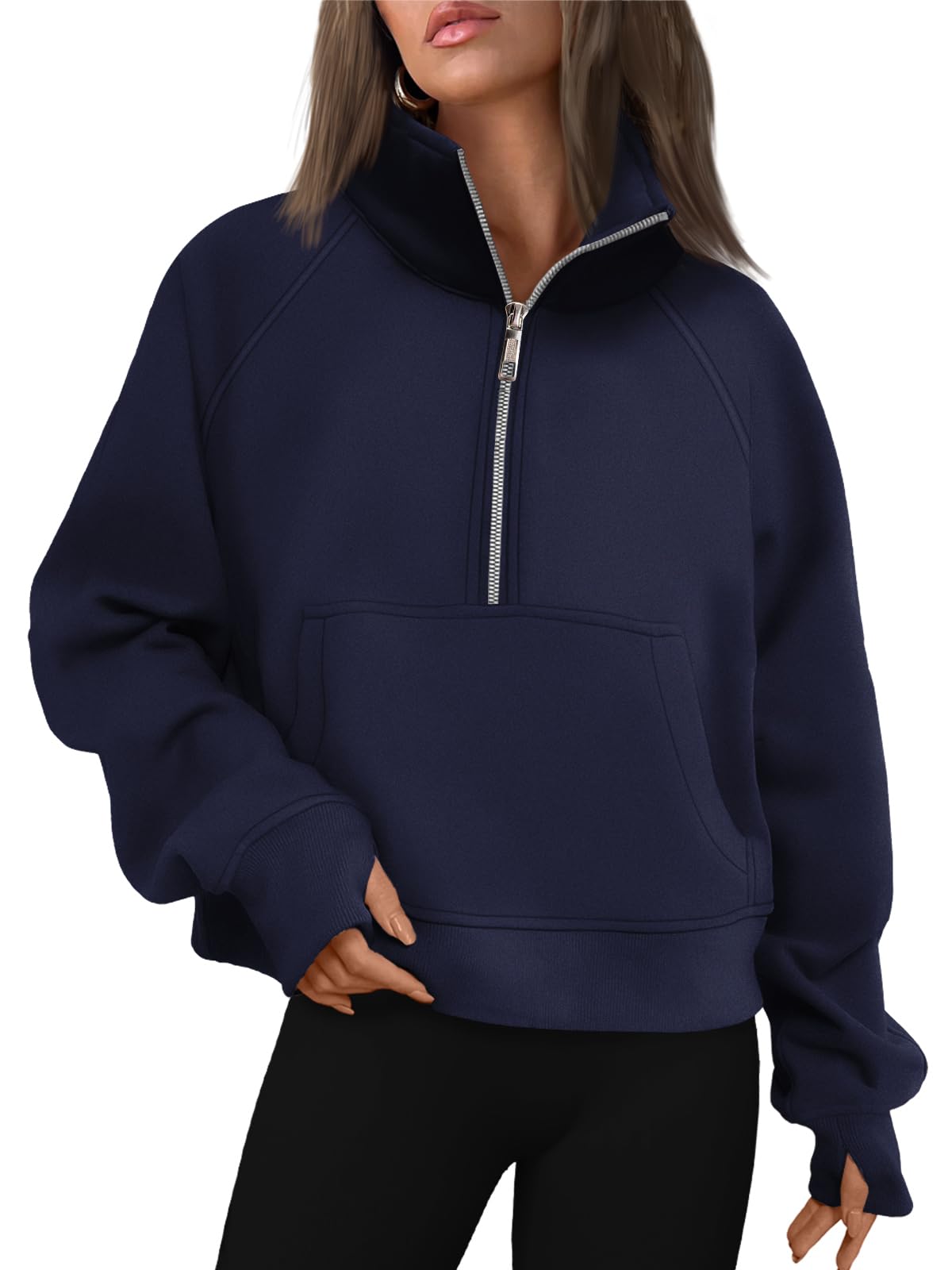 Womens Half Zip Cropped Sweatshirt With Thumb Hole