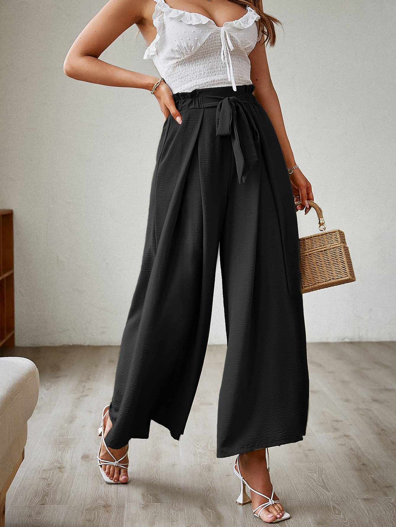 Women's Elegant Striped Split High Waisted Belted Flowy Wide Leg Pants-hivebabe.com