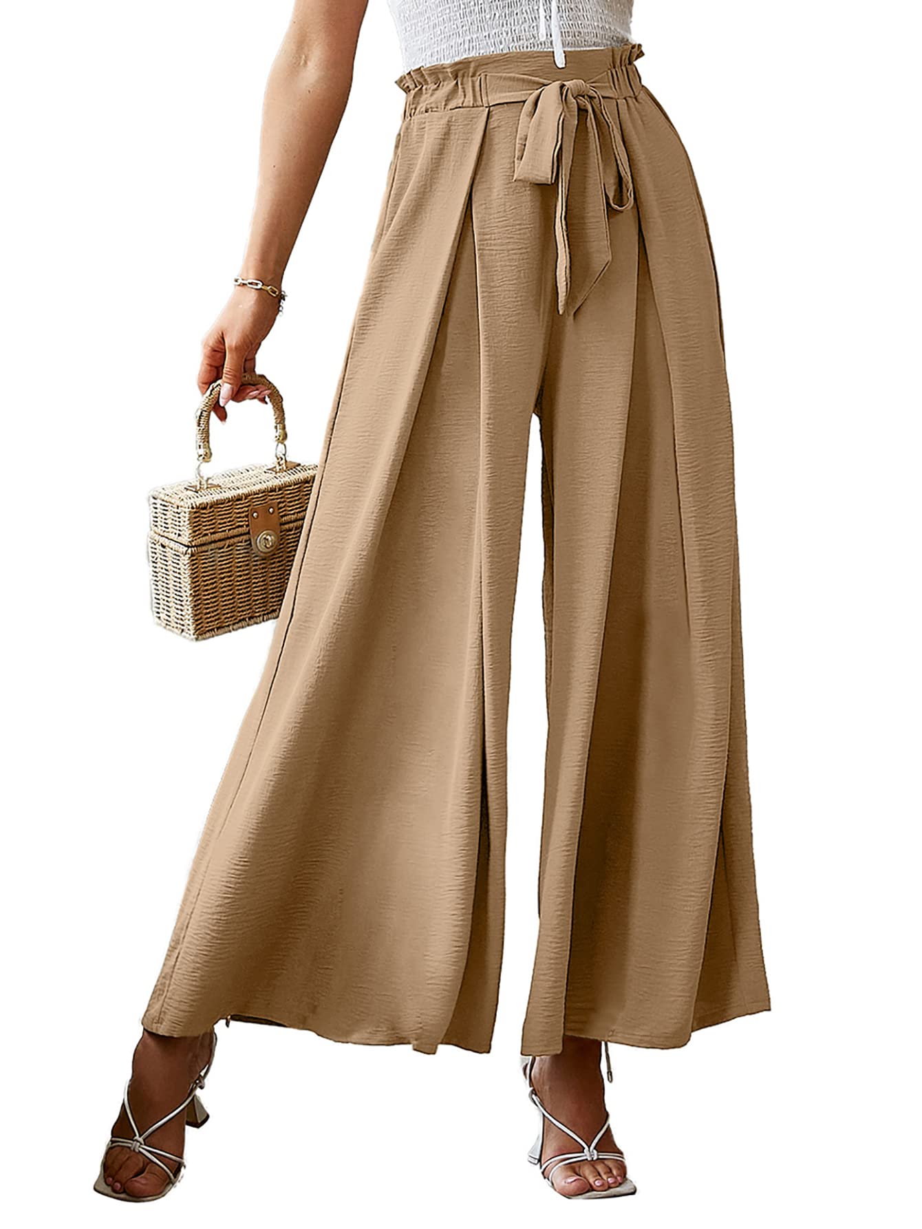 Women's Elegant Striped Split High Waisted Belted Flowy Wide Leg Pants-hivebabe.com